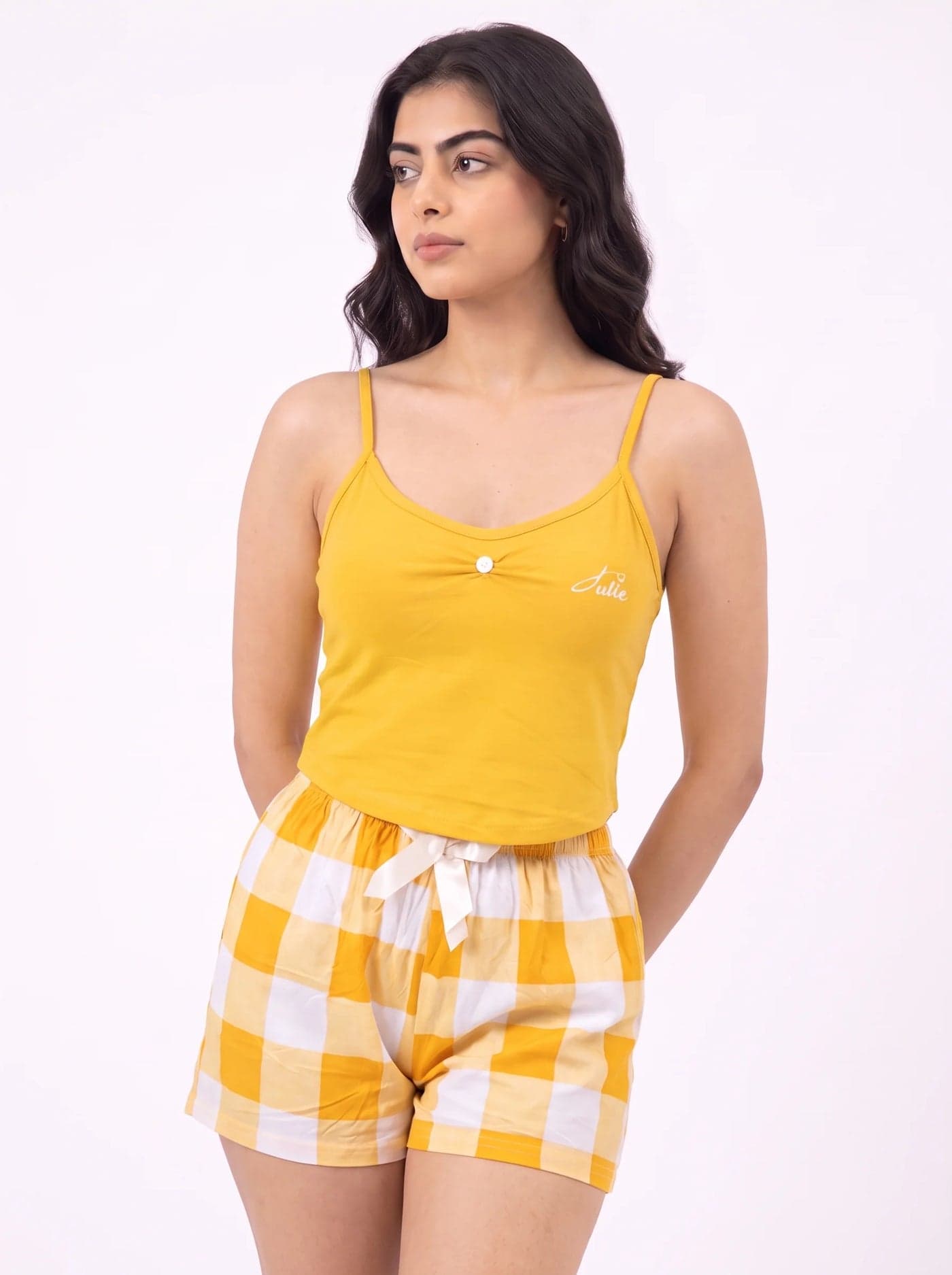 Yellow Check Cotton Cami Set for Women