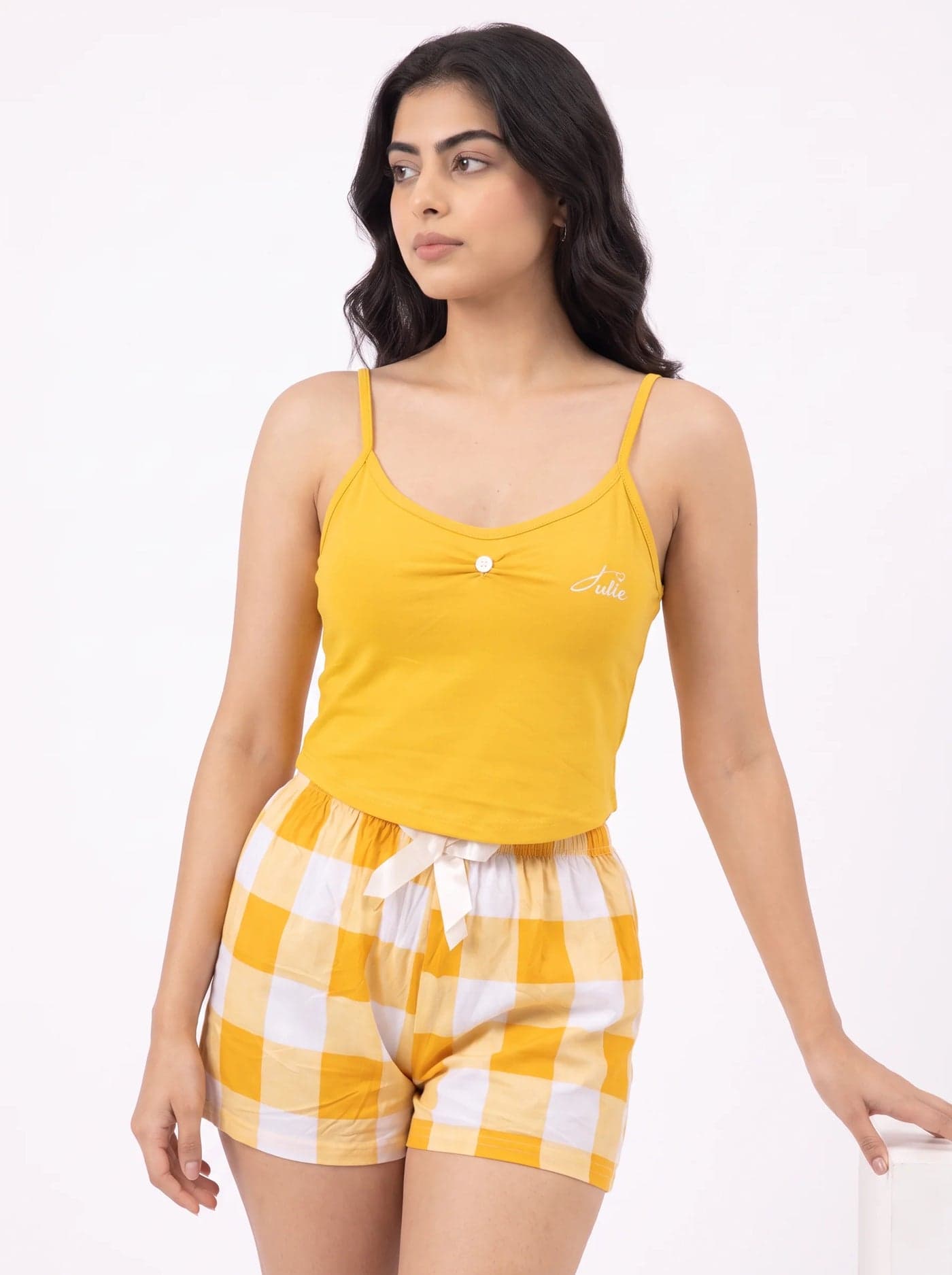 Yellow Check Cotton Cami Set for Women - view 2