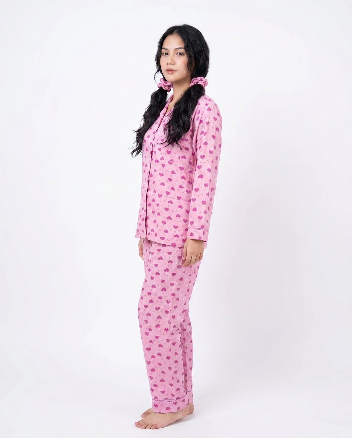 Pink Heart Print Linen PJ Set for Women - view 2