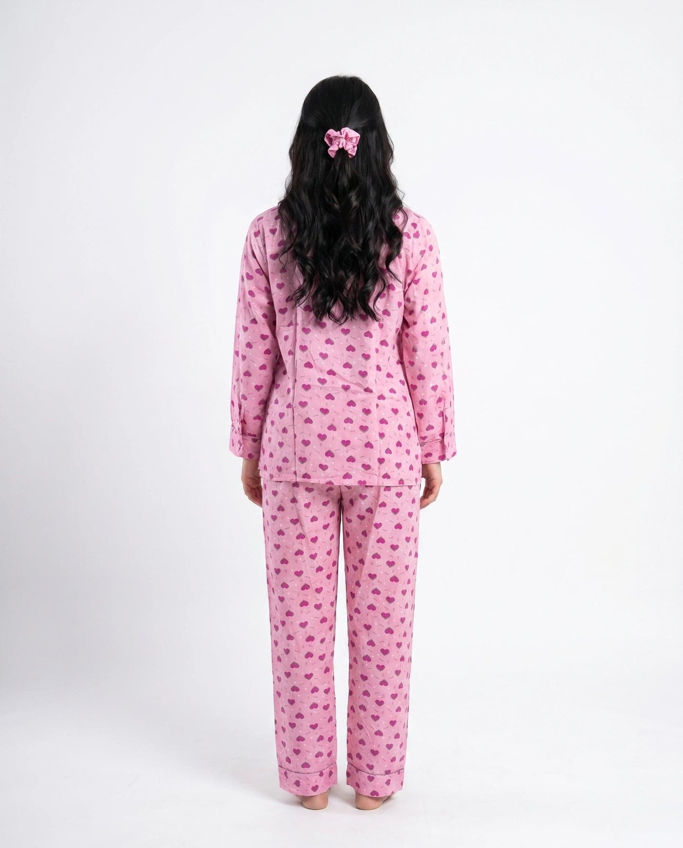 Pink Heart Print Linen PJ Set for Women - view 3