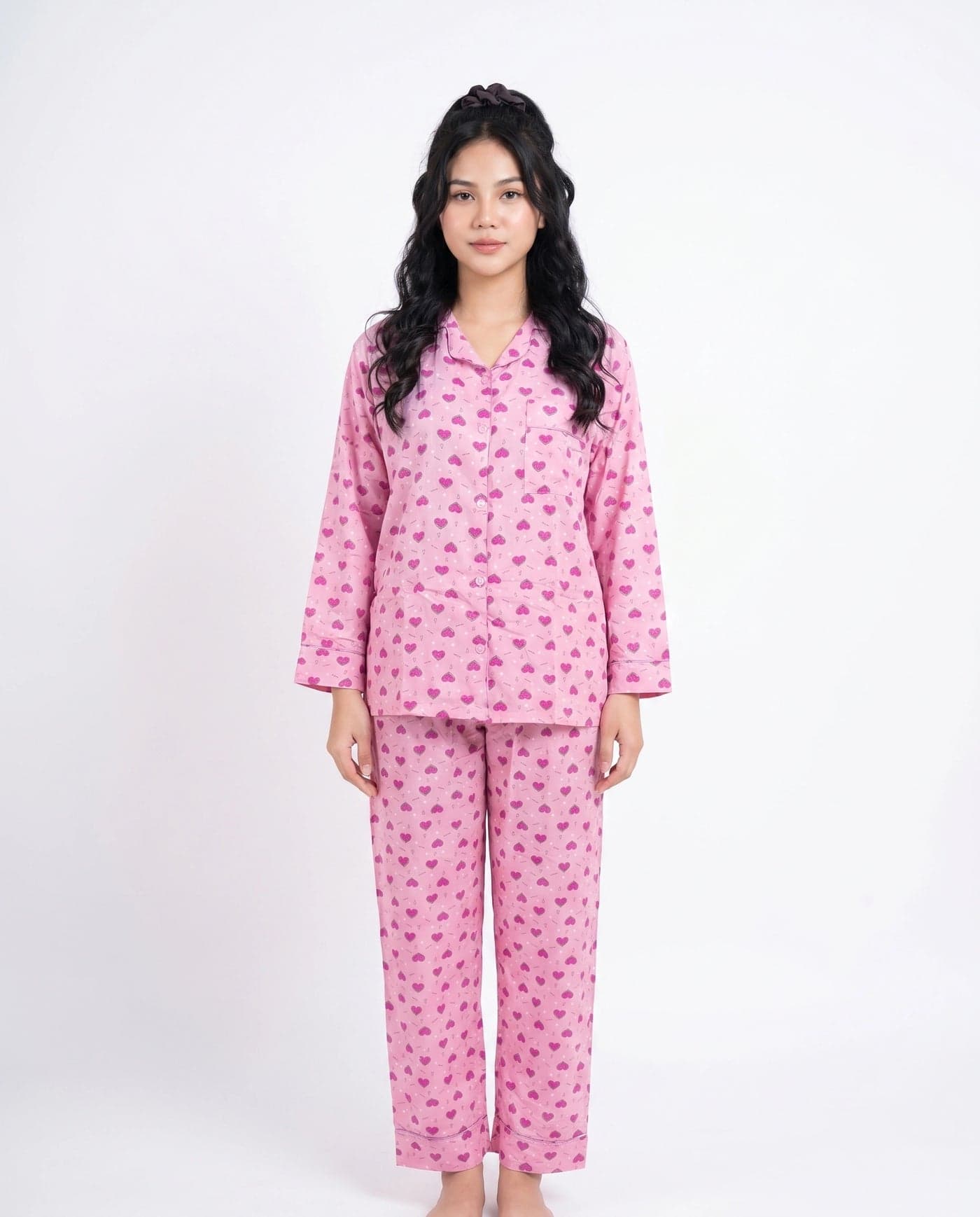 Pink Heart Print Linen PJ Set for Women - view 4