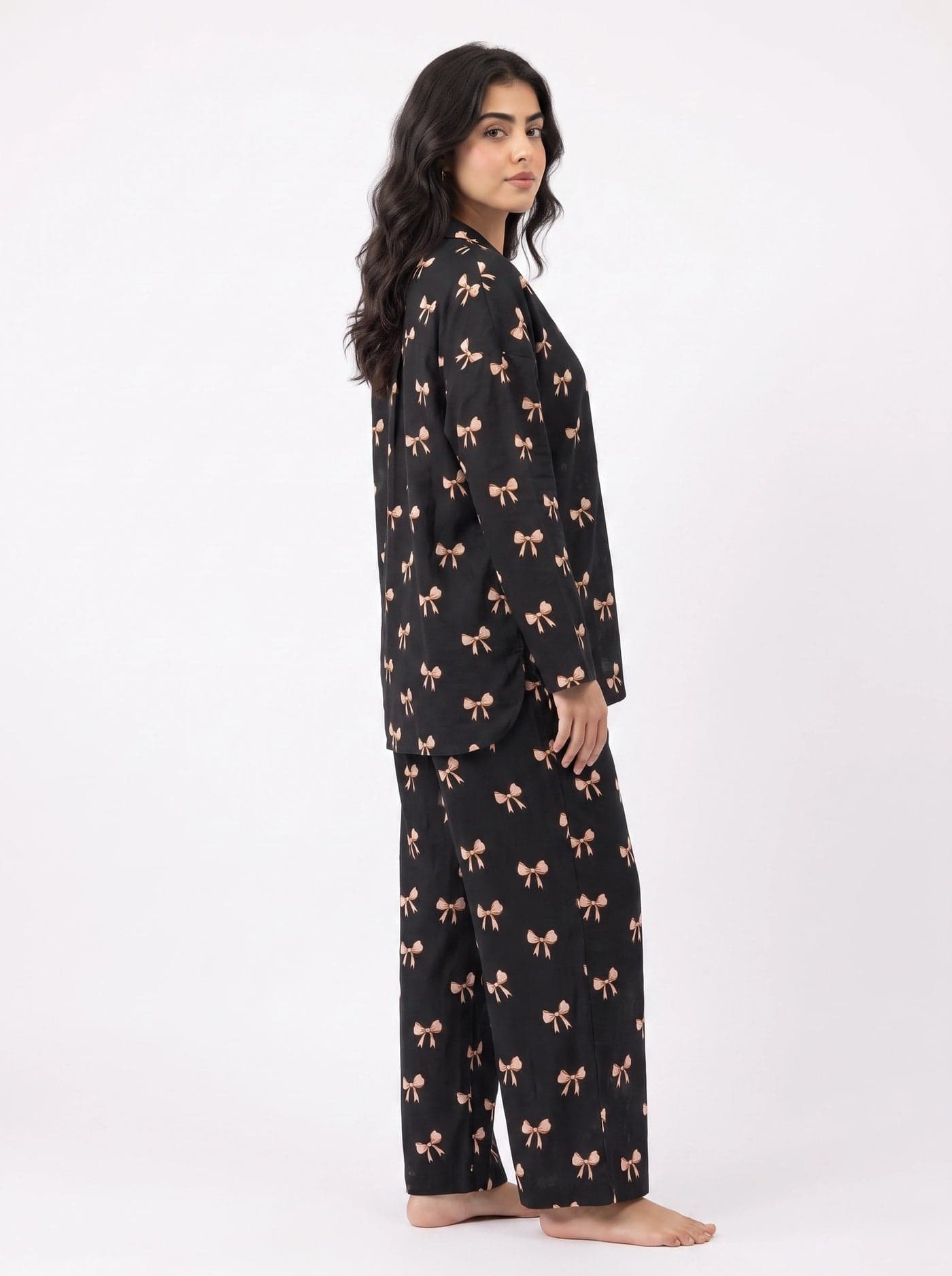 Black and Peach Bow Print Full Sleeve Linen PJ Set for Women - view 2