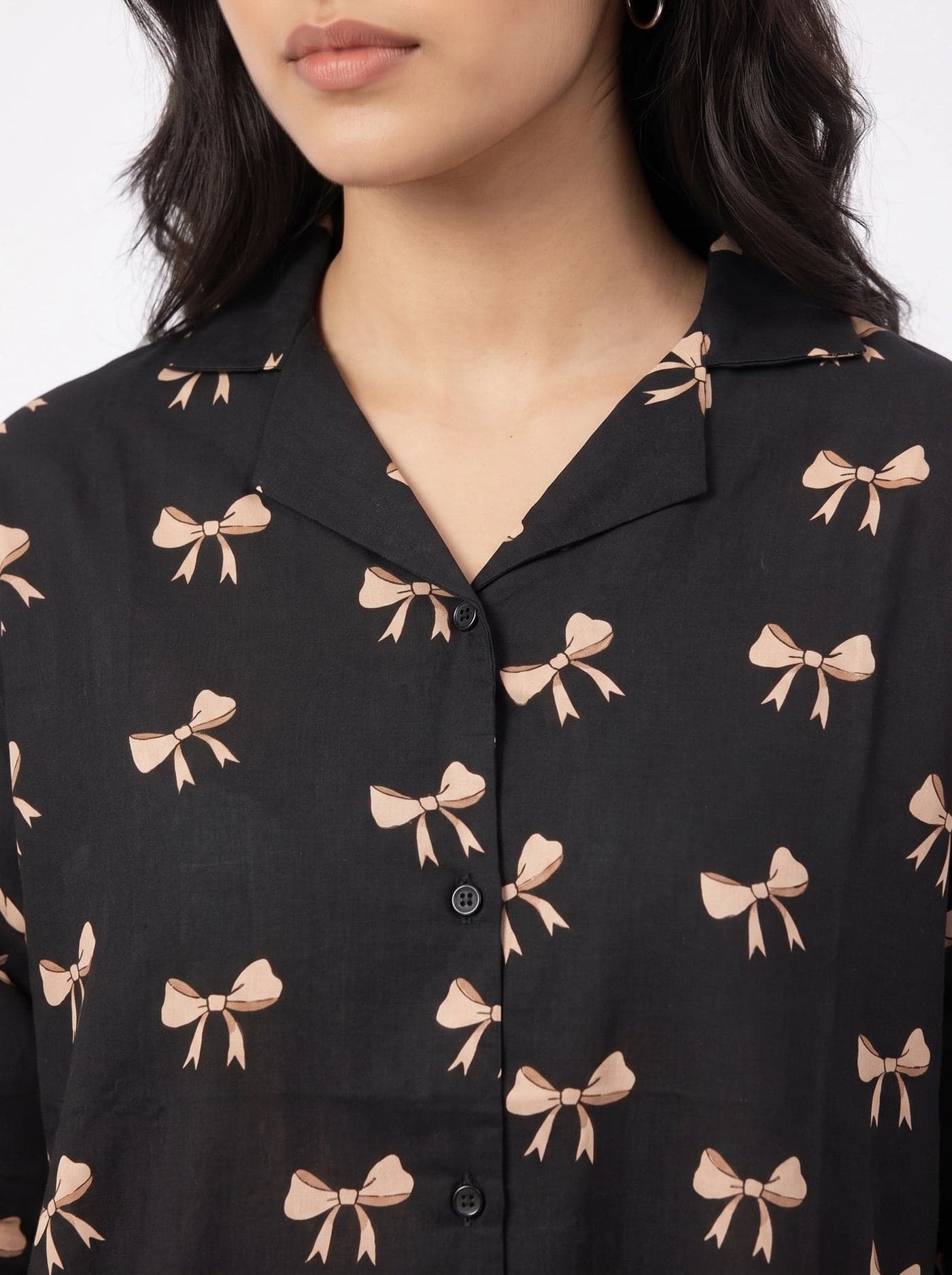 Black and Peach Bow Print Full Sleeve Linen PJ Set for Women - view 3