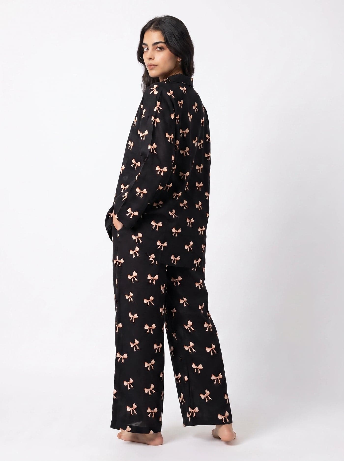 Black and Peach Bow Print Full Sleeve Linen PJ Set for Women - view 4