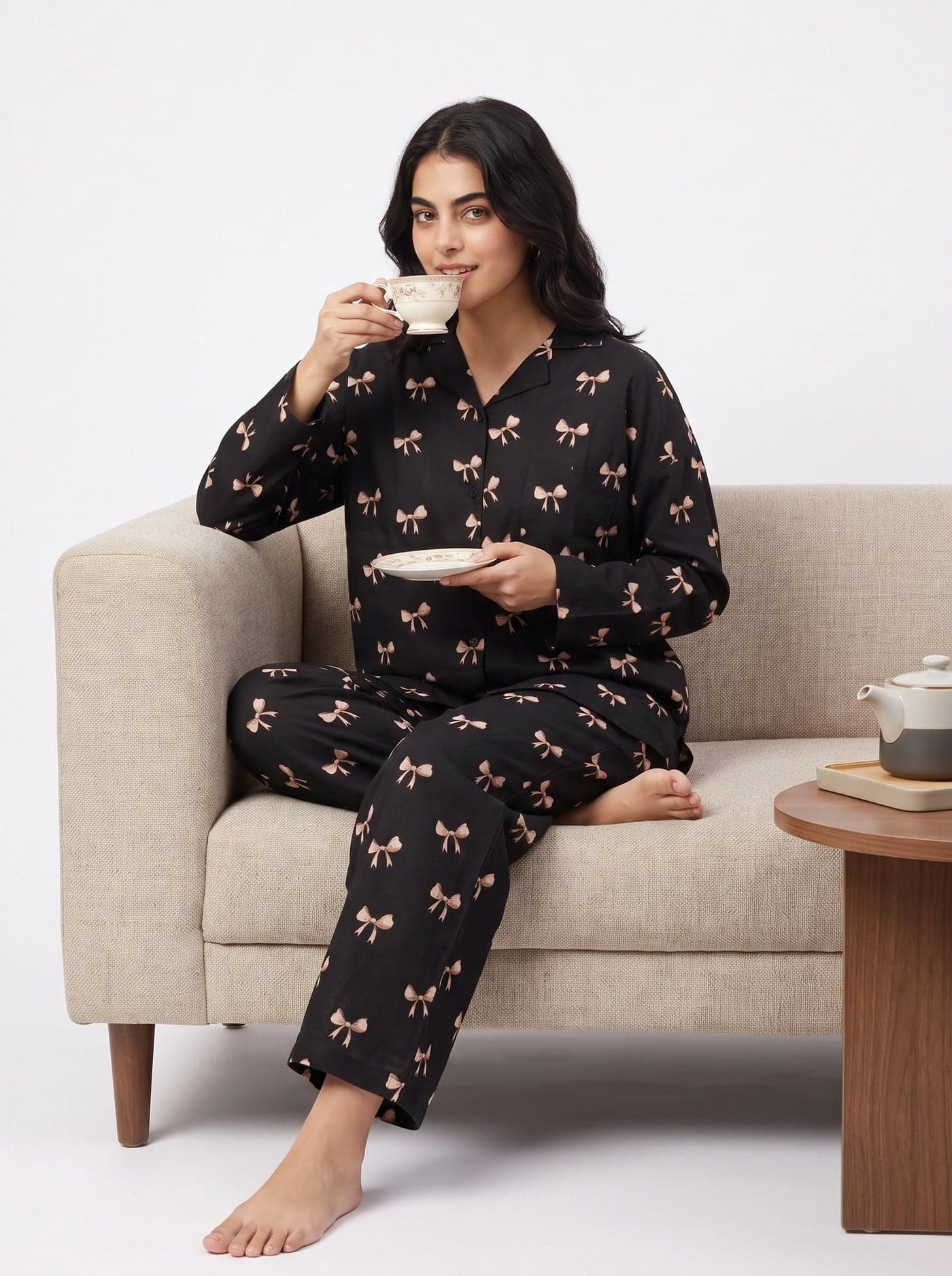 Black and Peach Bow Print Full Sleeve Linen PJ Set for Women - view 8