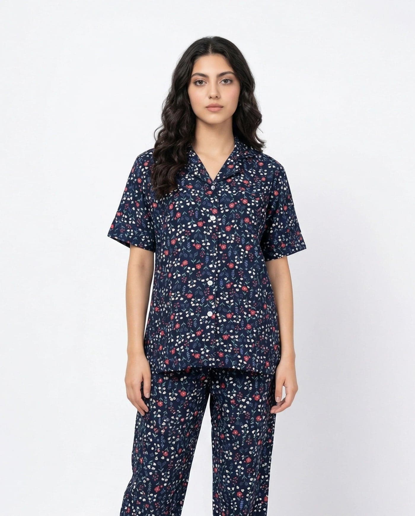 Navy Blue Floral Half Sleeve Linen PJ Set for Women - view 2