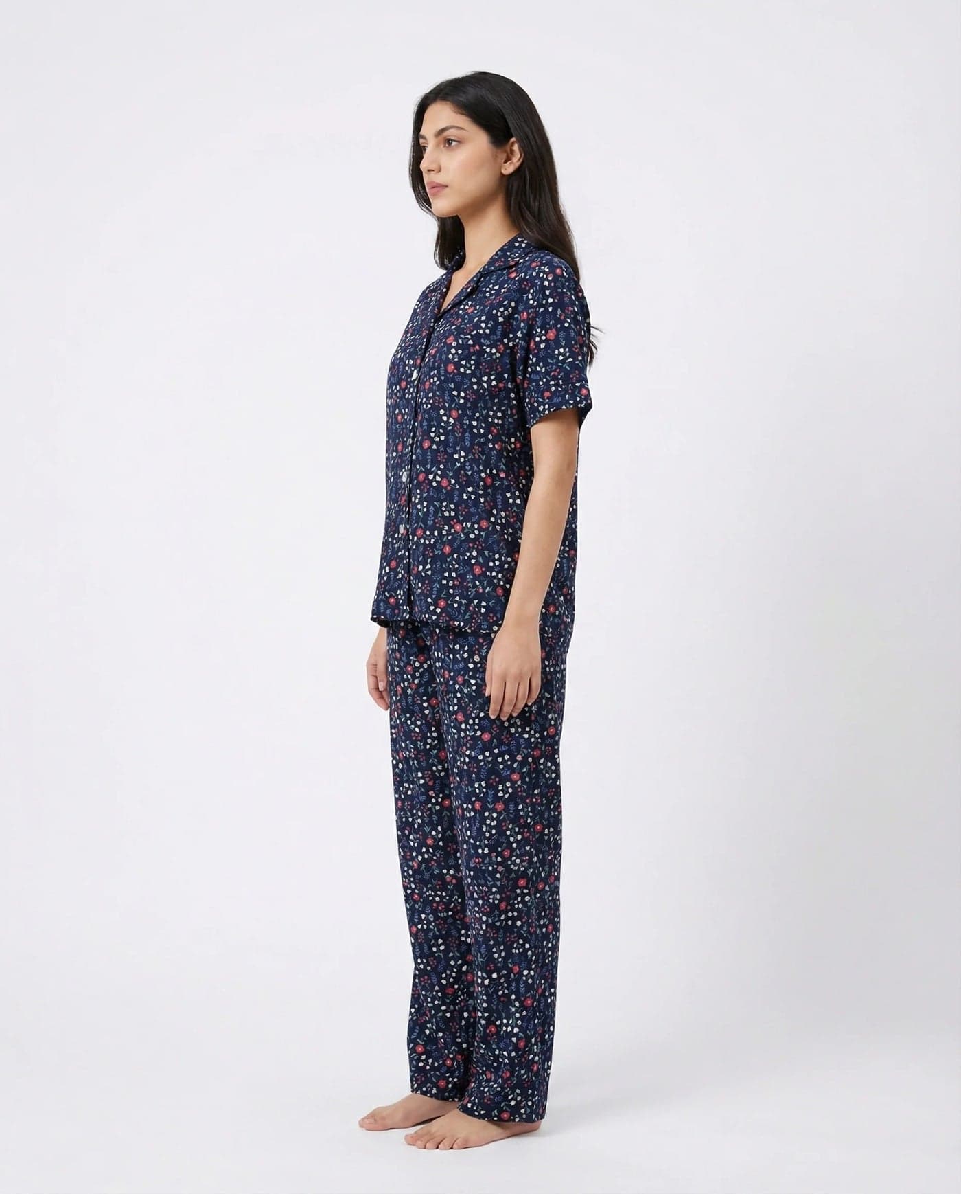 Navy Blue Floral Half Sleeve Linen PJ Set for Women - view 3