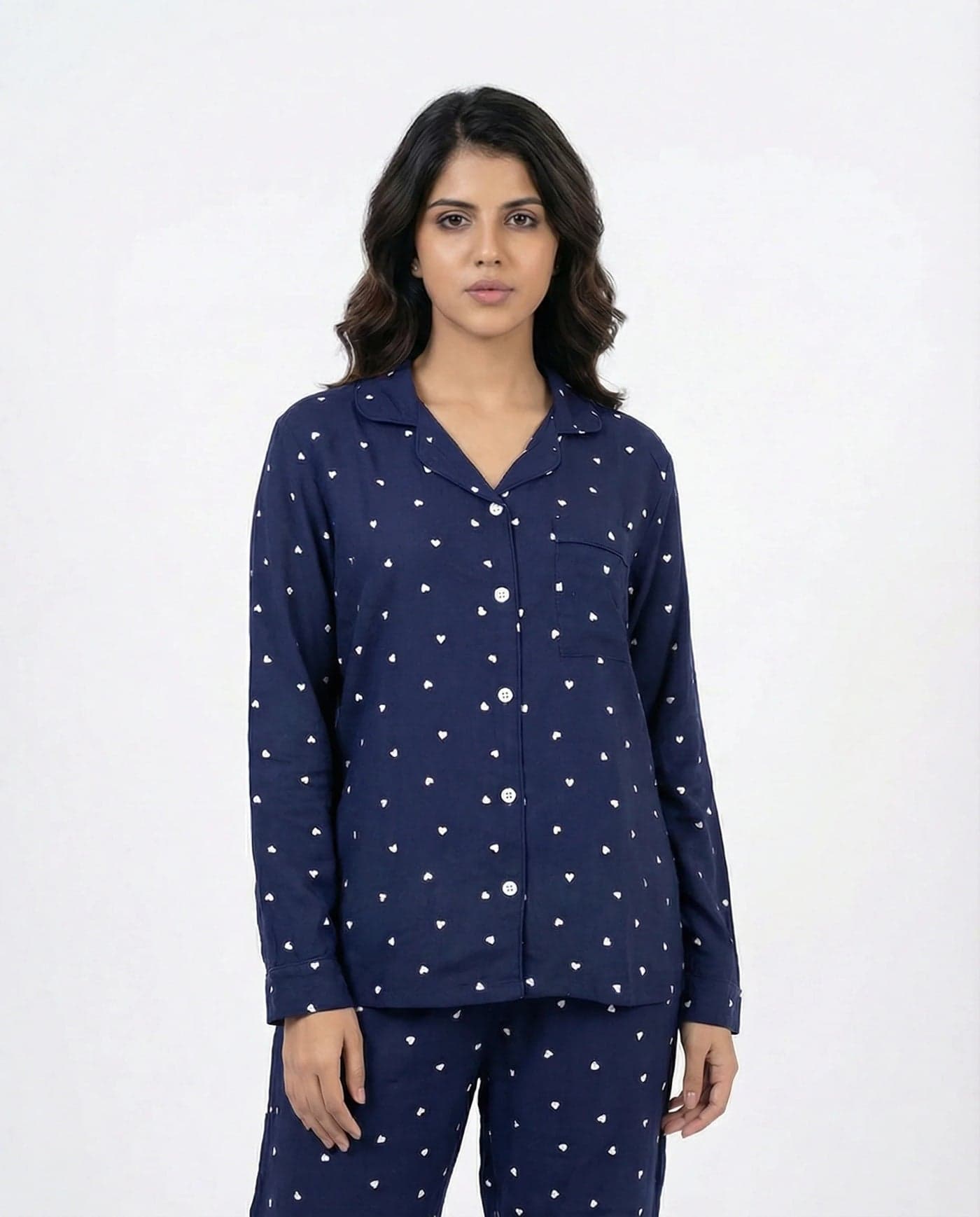 Navy Blue Polka Dot Linen PJ Set for Women - view 2