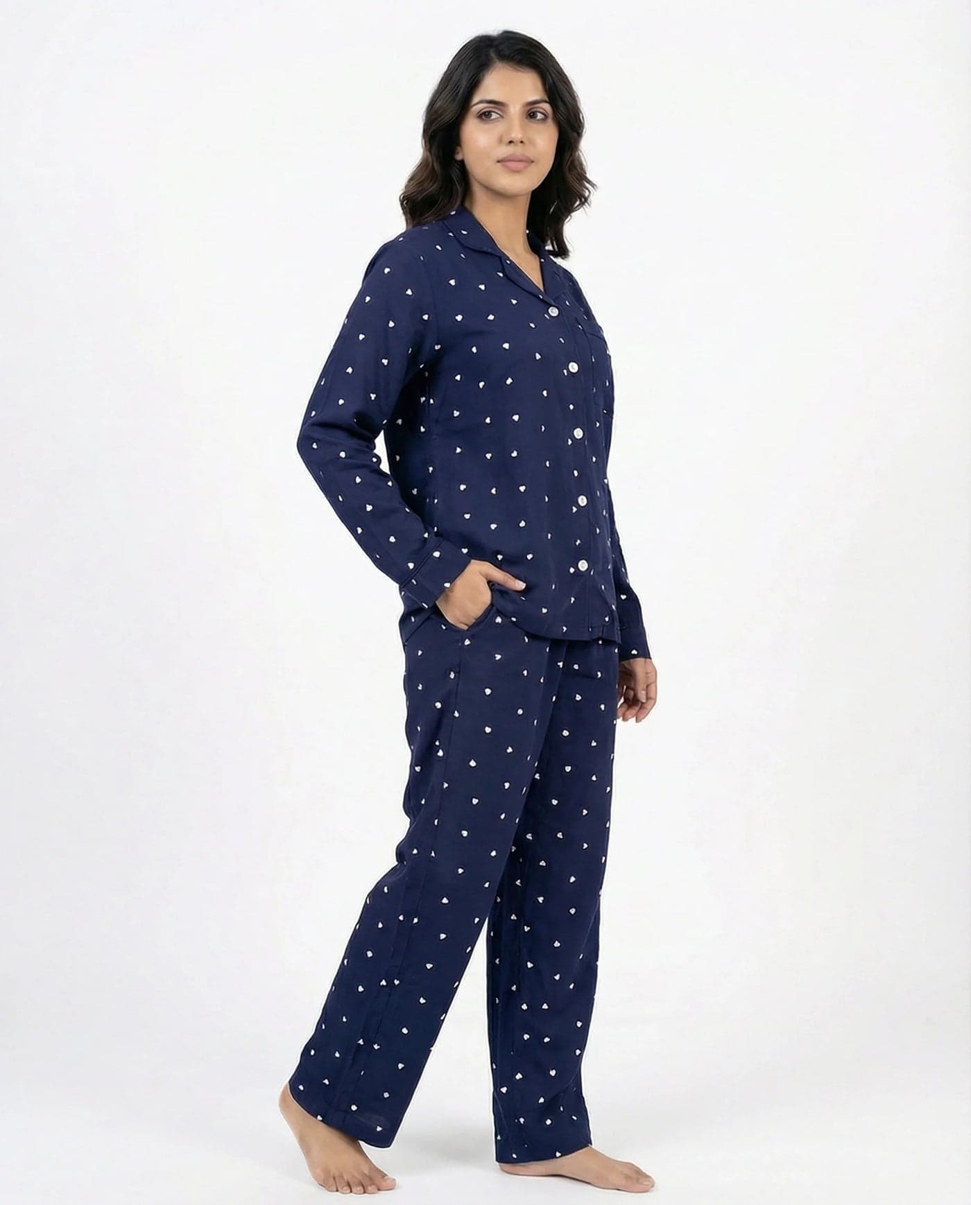 Navy Blue Polka Dot Linen PJ Set for Women - view 3