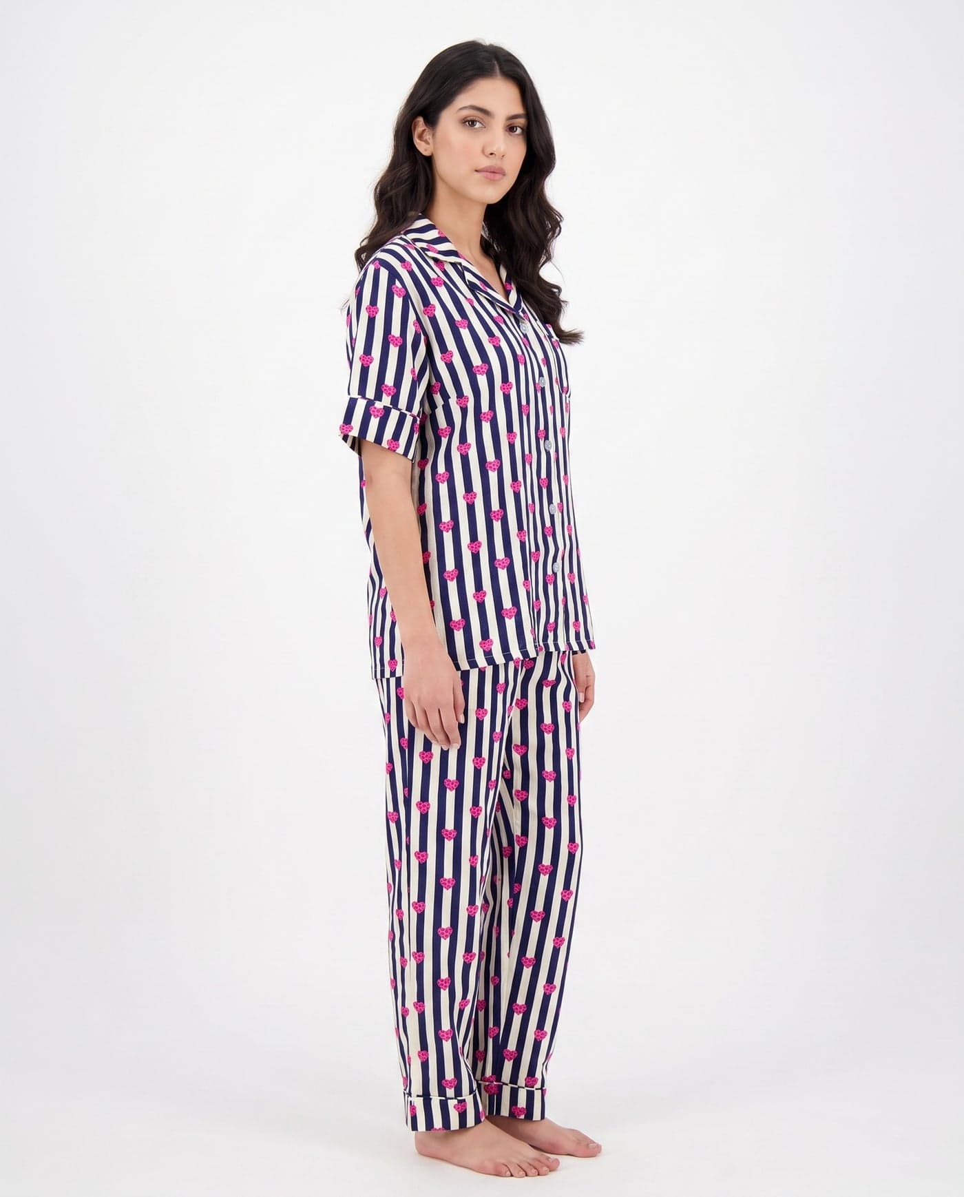 Navy Blue Heart Striped Linen PJ Set for Women - view 2