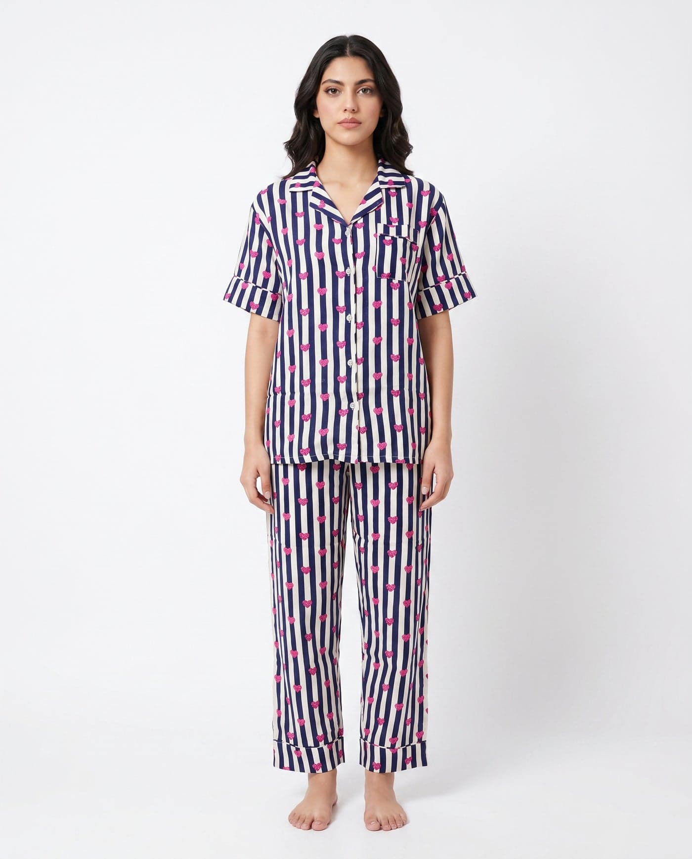 Navy Blue Heart Striped Linen PJ Set for Women - view 3