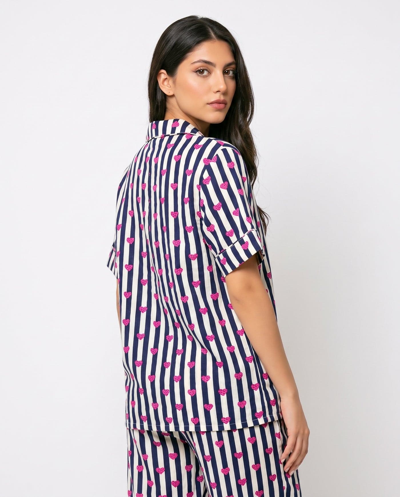 Navy Blue Heart Striped Linen PJ Set for Women - view 4