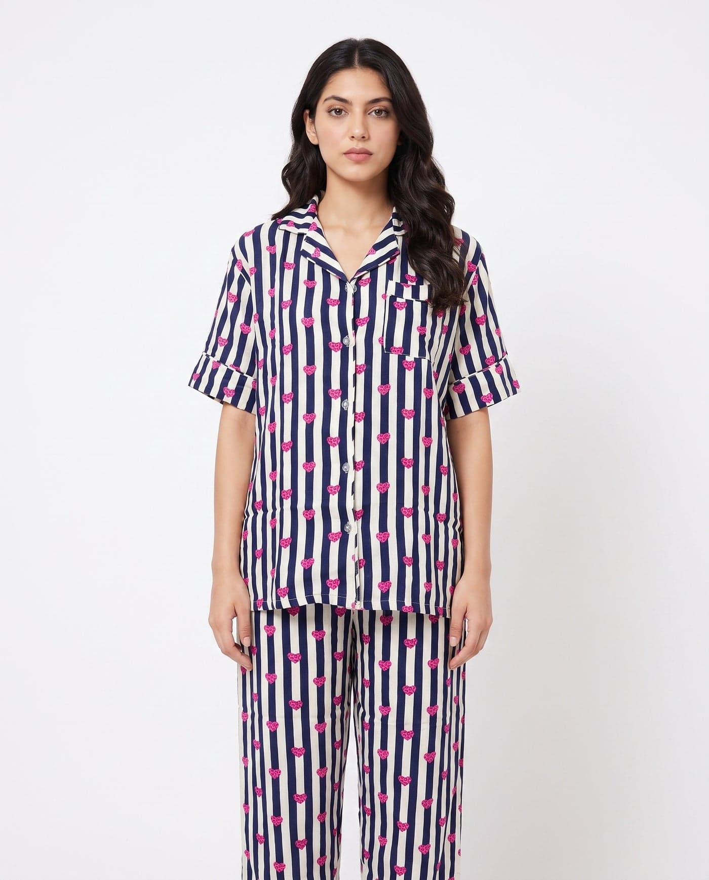 Navy Blue Heart Striped Linen PJ Set for Women - view 5