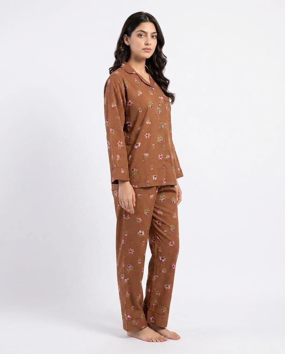Brown Floral Full Sleeve Linen PJ Set for Women - view 2