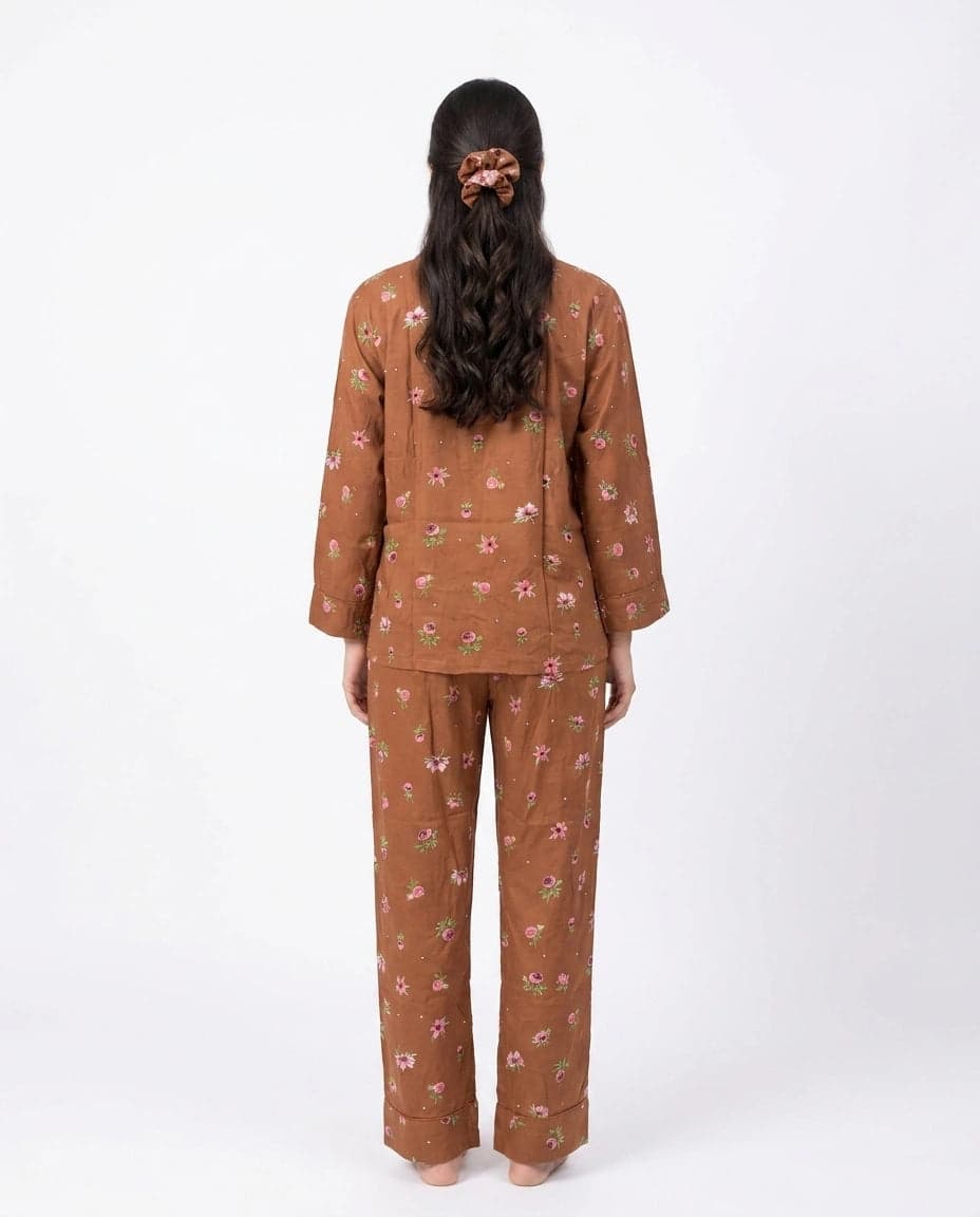 Brown Floral Full Sleeve Linen PJ Set for Women - view 3