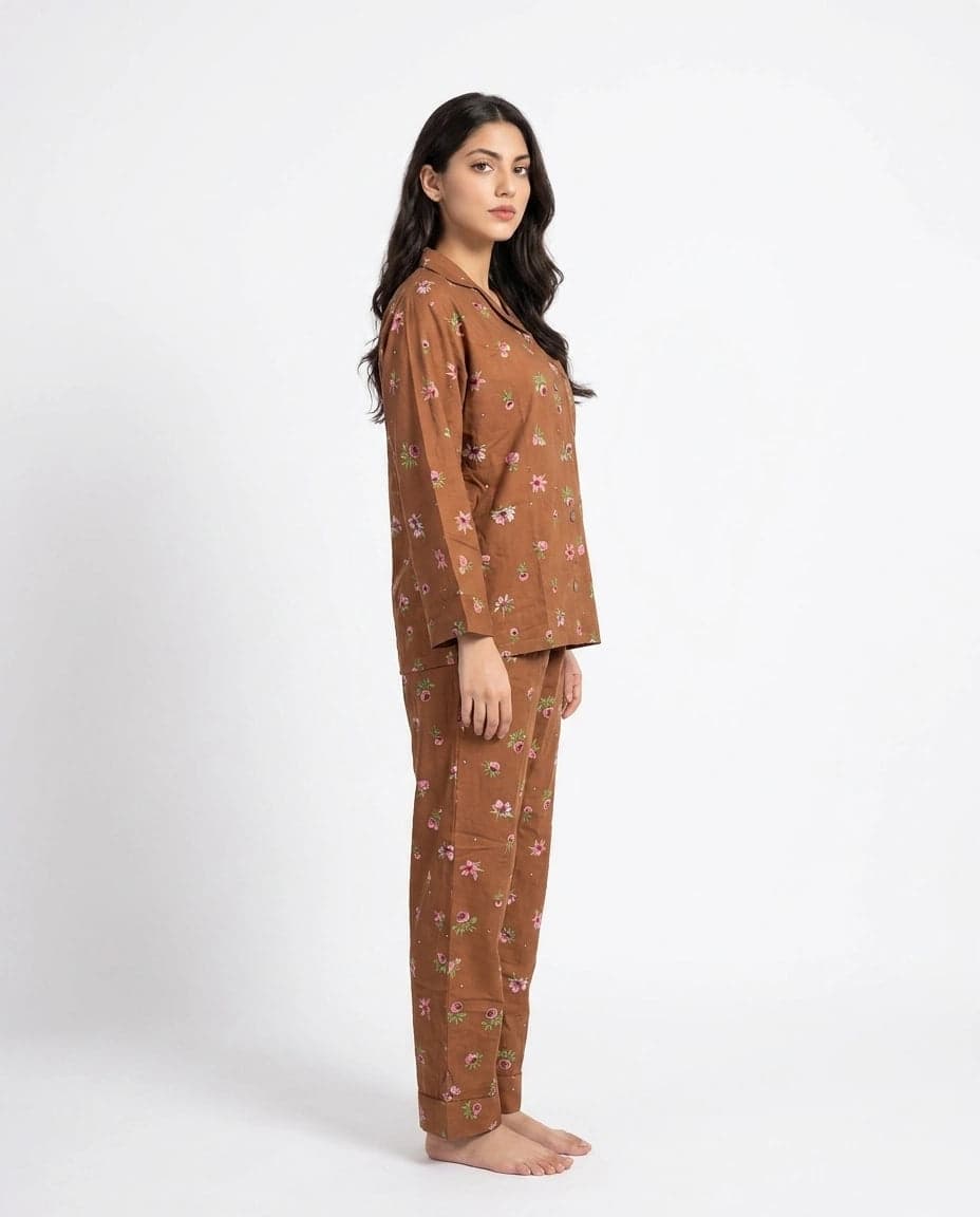Brown Floral Full Sleeve Linen PJ Set for Women - view 4