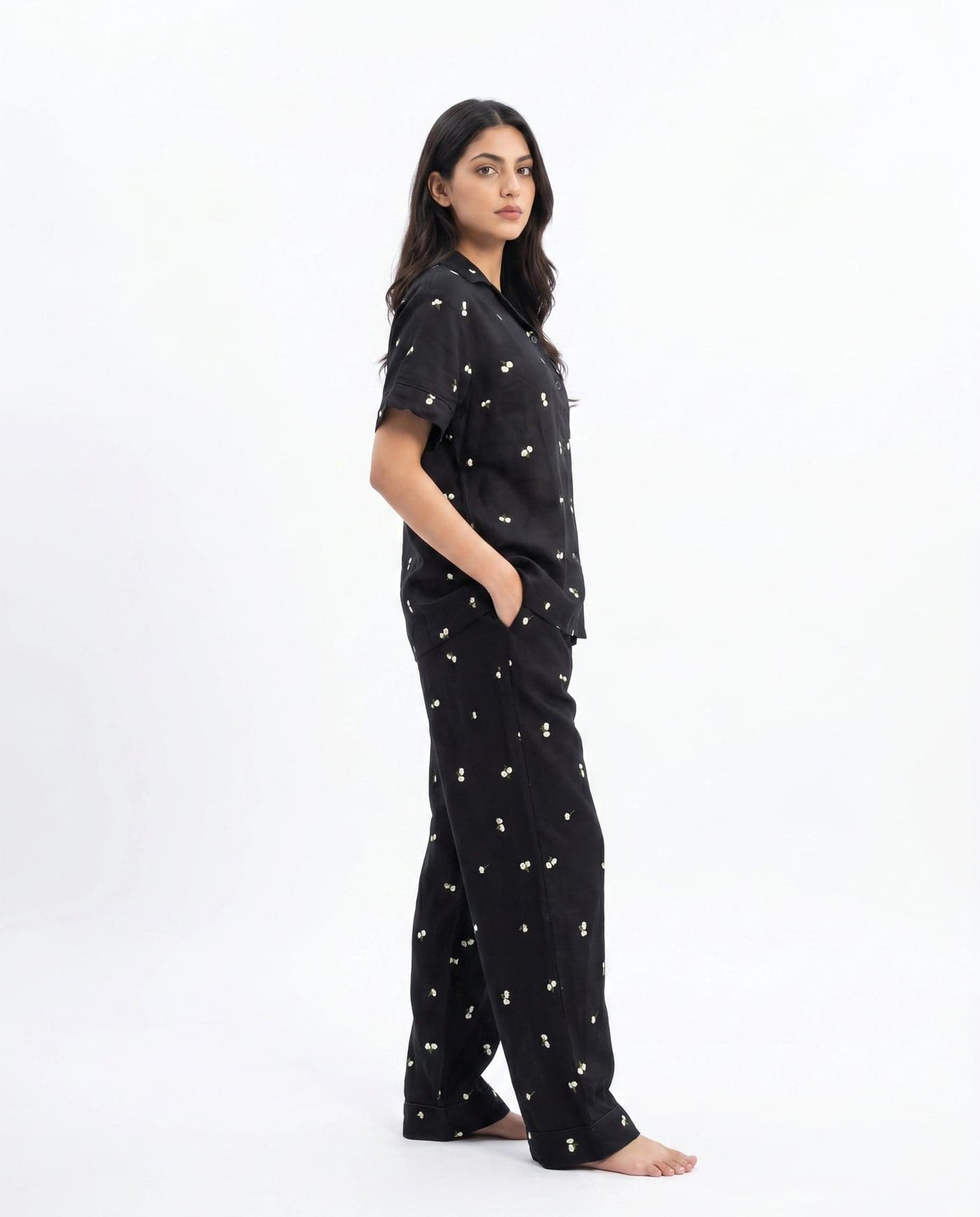 Black and Cream Floral Half Sleeve Linen PJ Set for Women - view 2