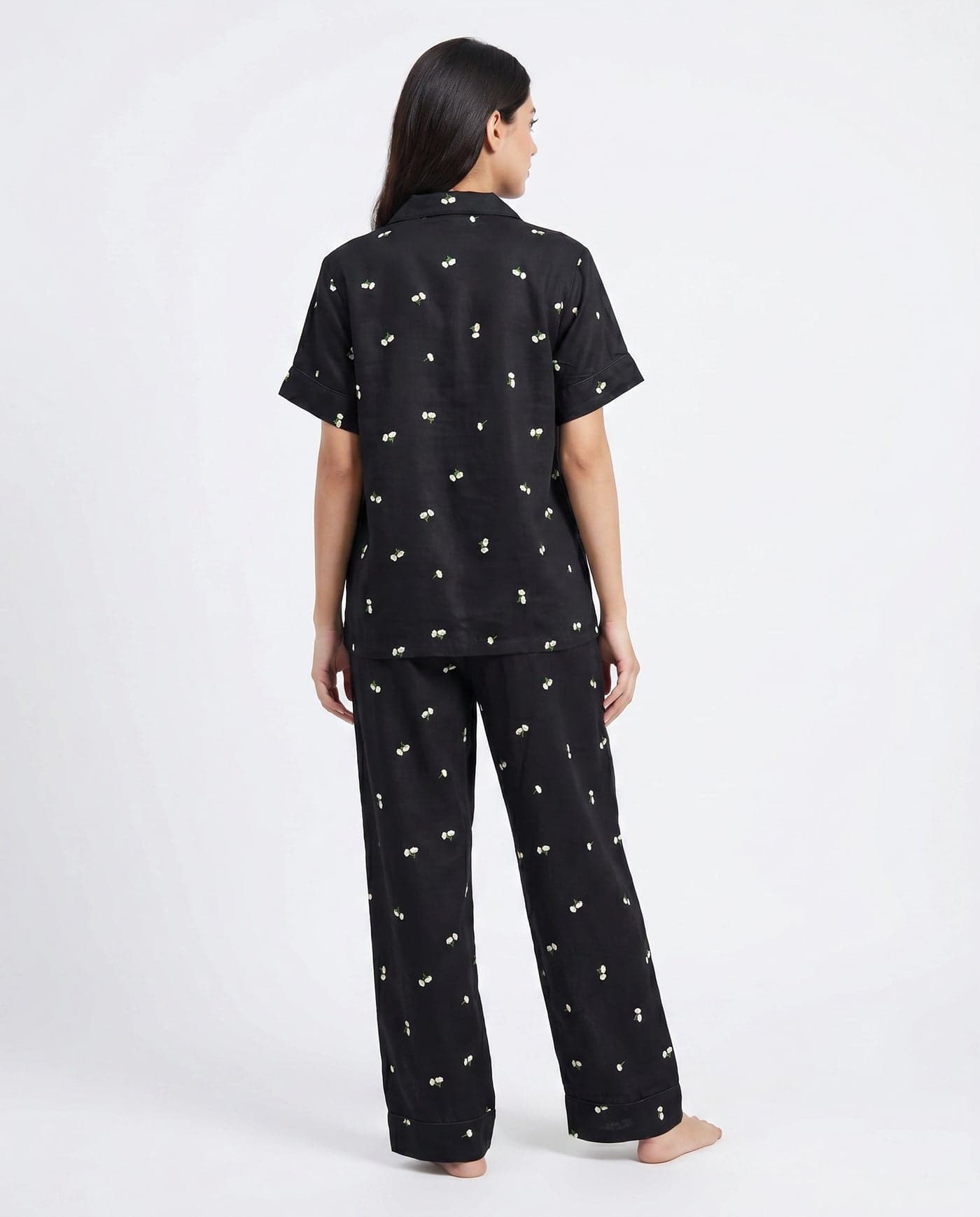 Black and Cream Floral Half Sleeve Linen PJ Set for Women - view 3