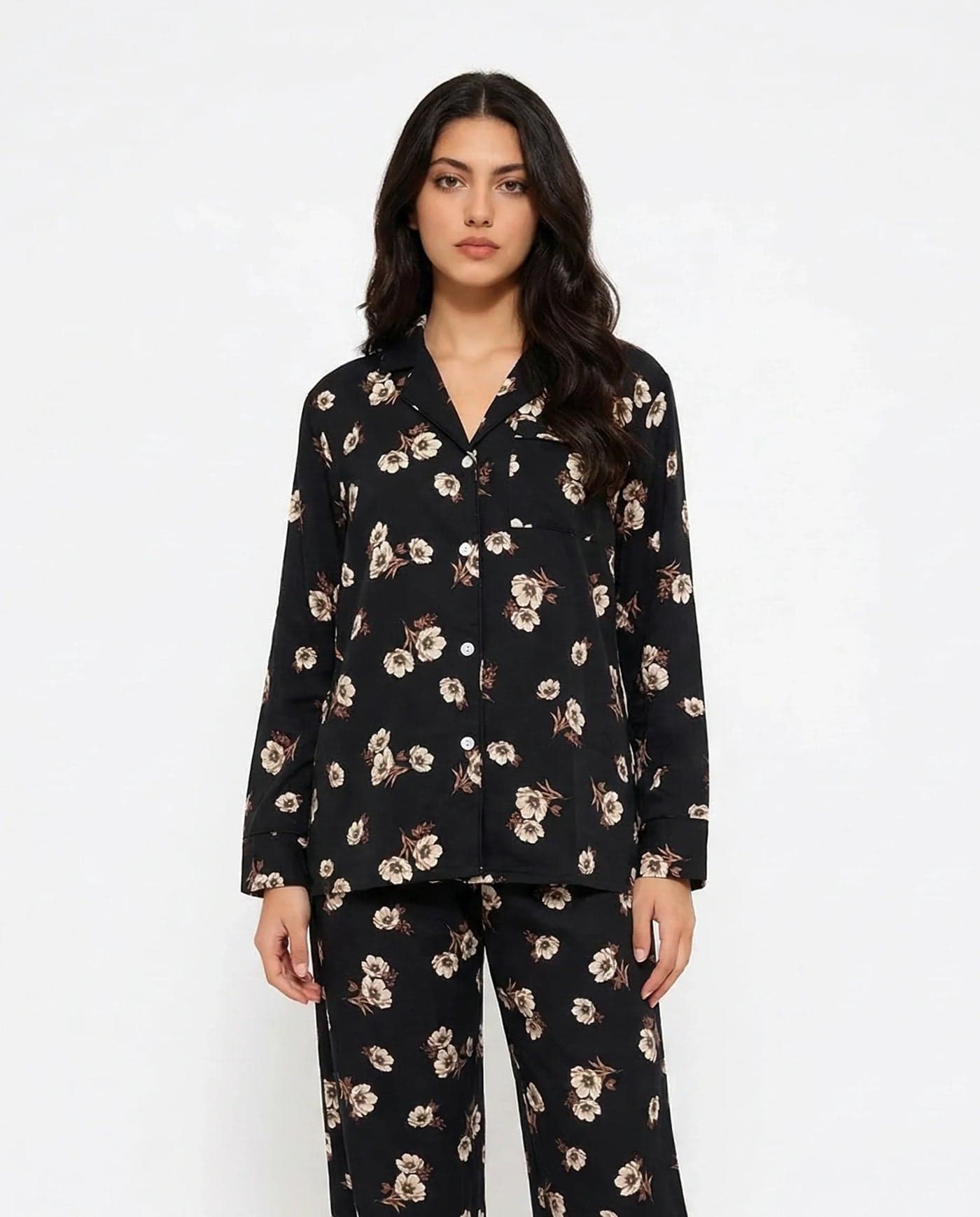 Black Rose Print Linen PJ Set for Women - view 2