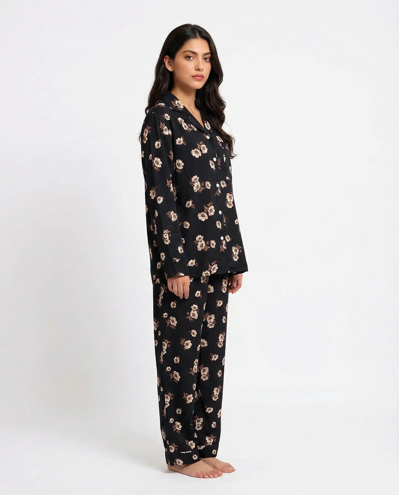 Black Rose Print Linen PJ Set for Women - view 3