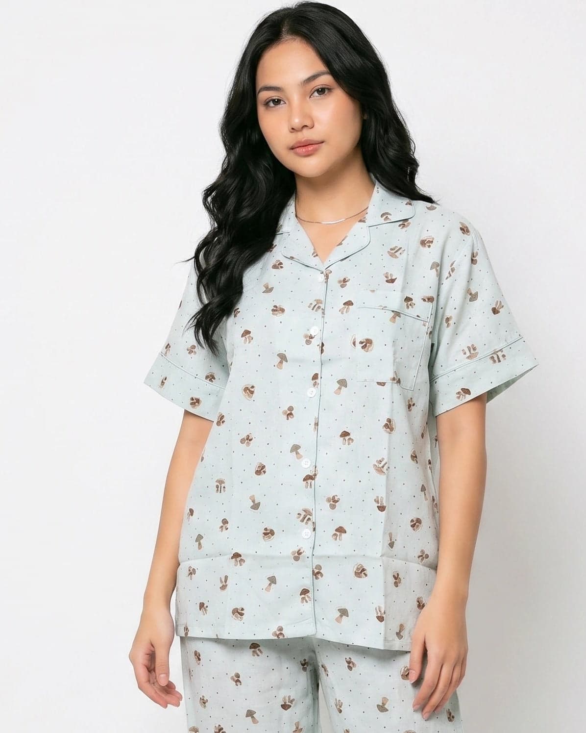 Mint Mushroom Print Linen PJ Set for Women - view 2