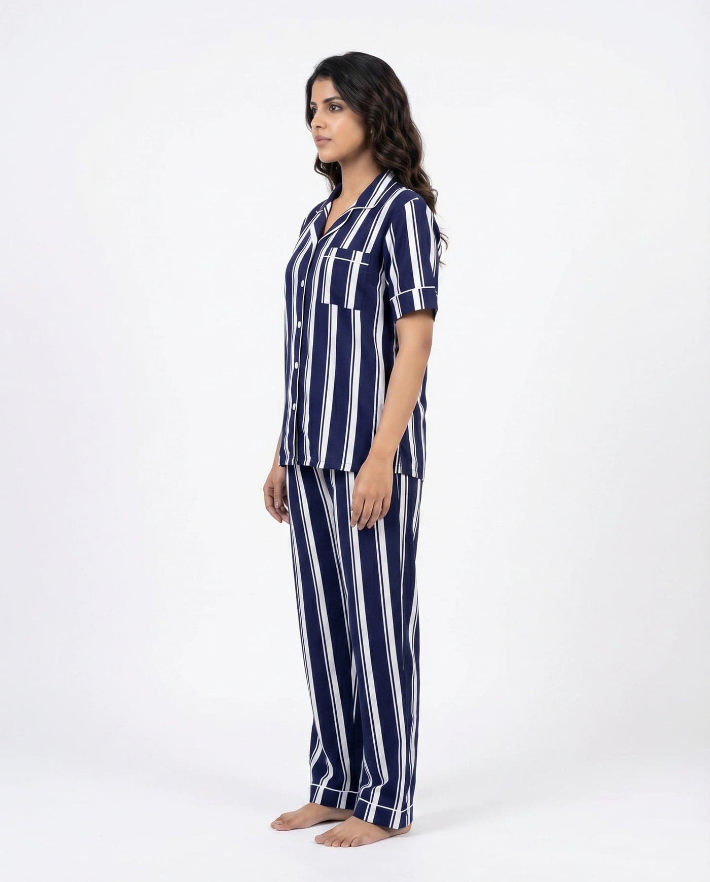 Navy Blue Striped Linen PJ Set for Women - view 2