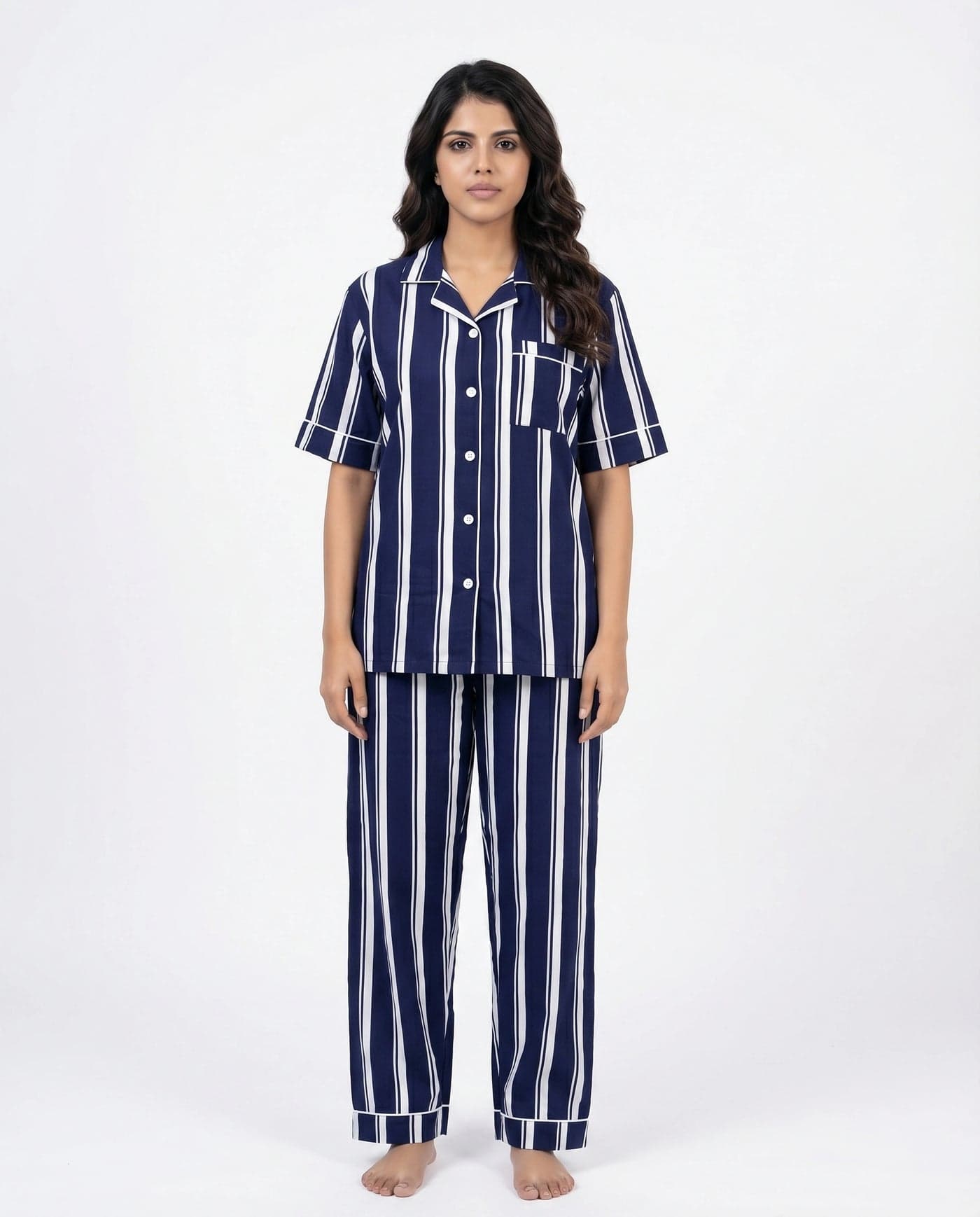Navy Blue Striped Linen PJ Set for Women - view 3