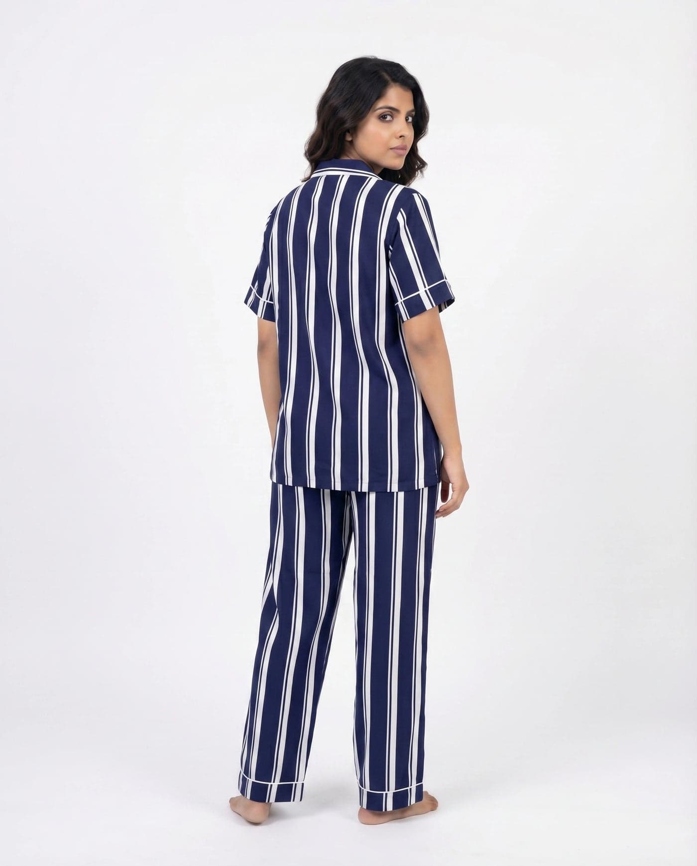 Navy Blue Striped Linen PJ Set for Women - view 4