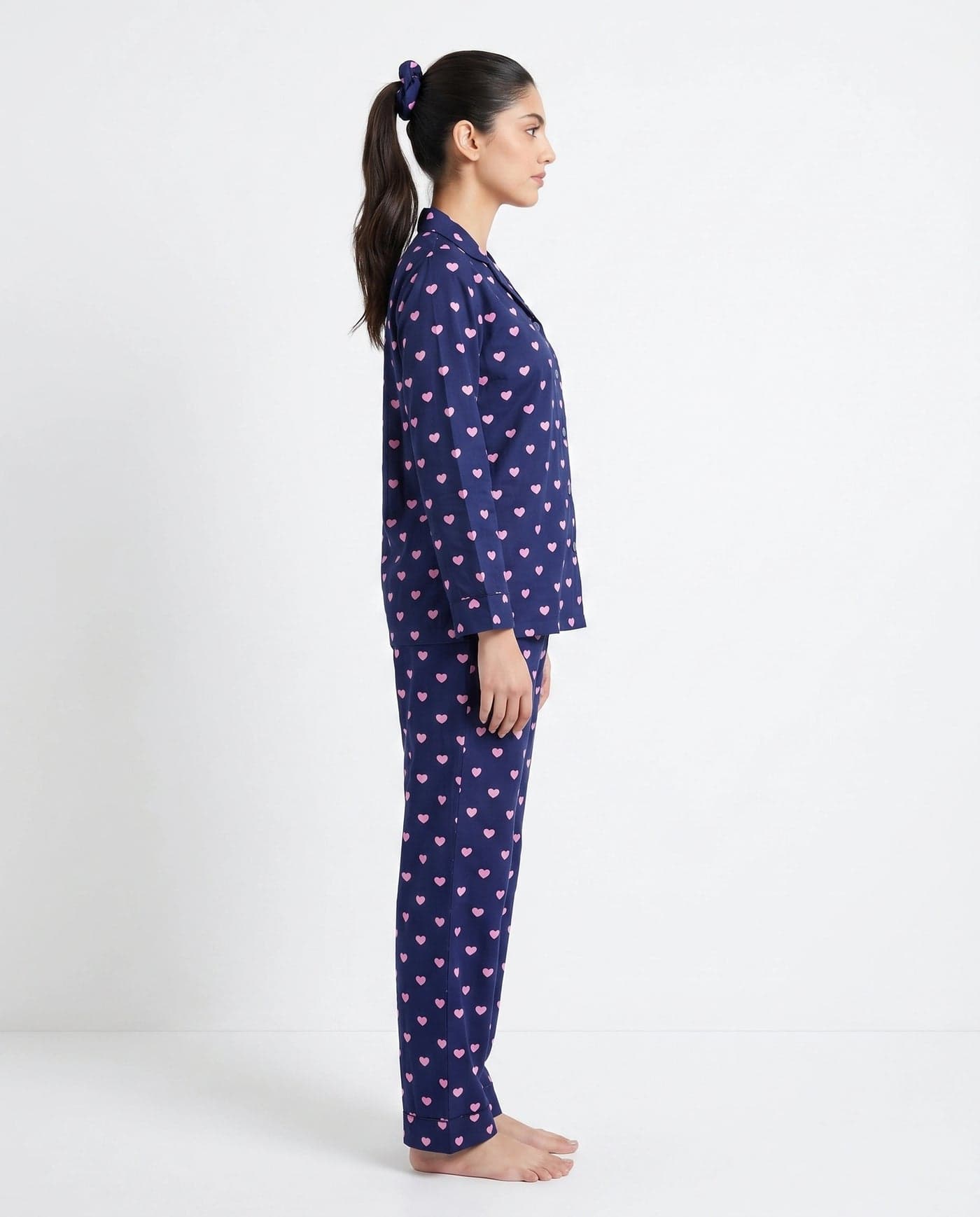 Navy Blue and Pink Heart Print Full Sleeve Linen PJ Set for Women - view 2