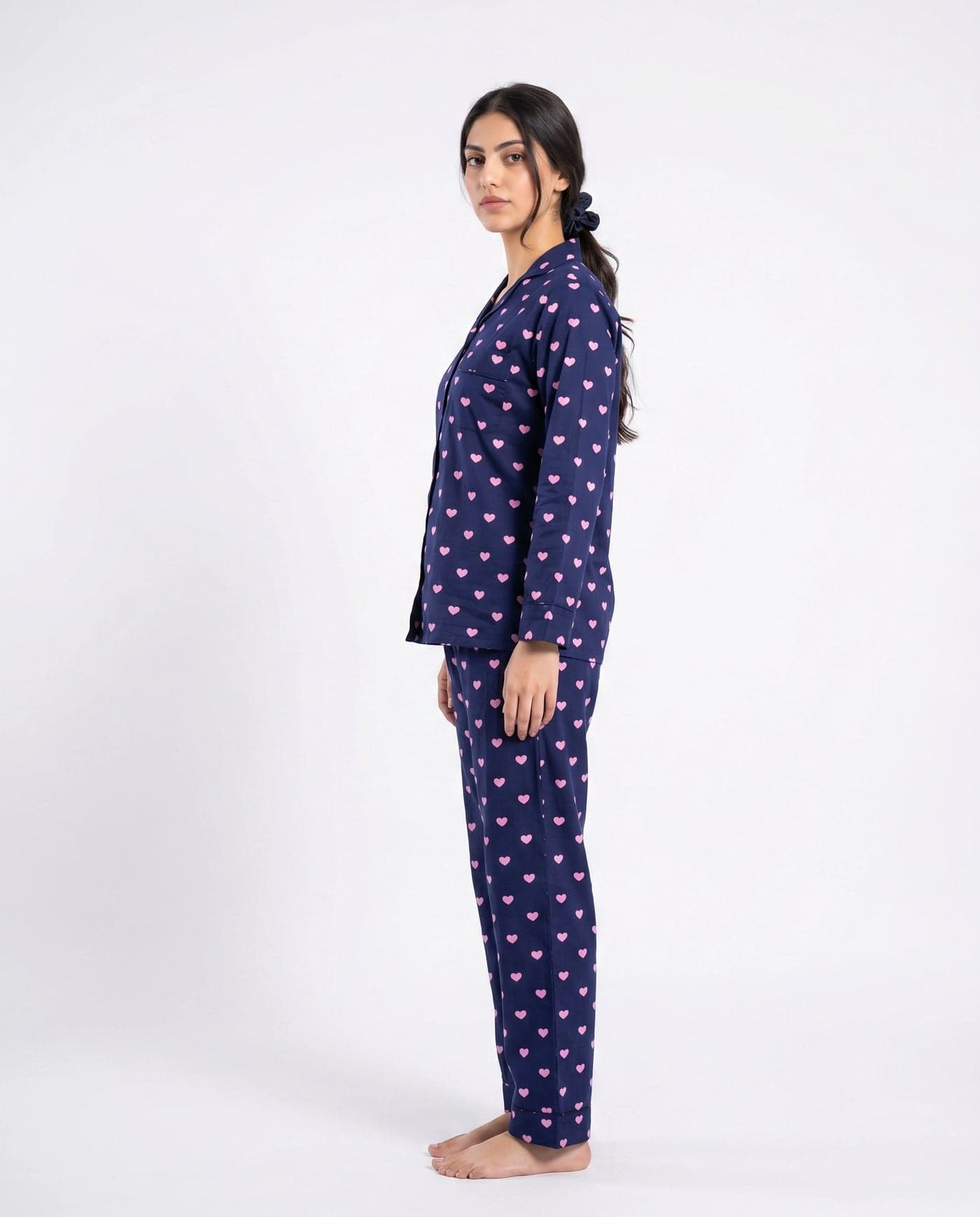 Navy Blue and Pink Heart Print Full Sleeve Linen PJ Set for Women - view 3
