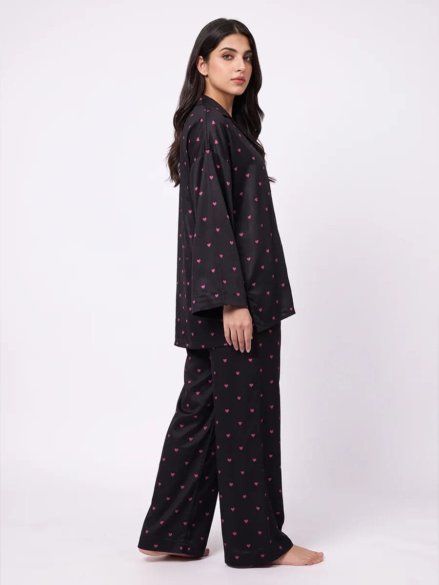 Black and Pink Heart Print Oversized Linen PJ Set for Women - view 2