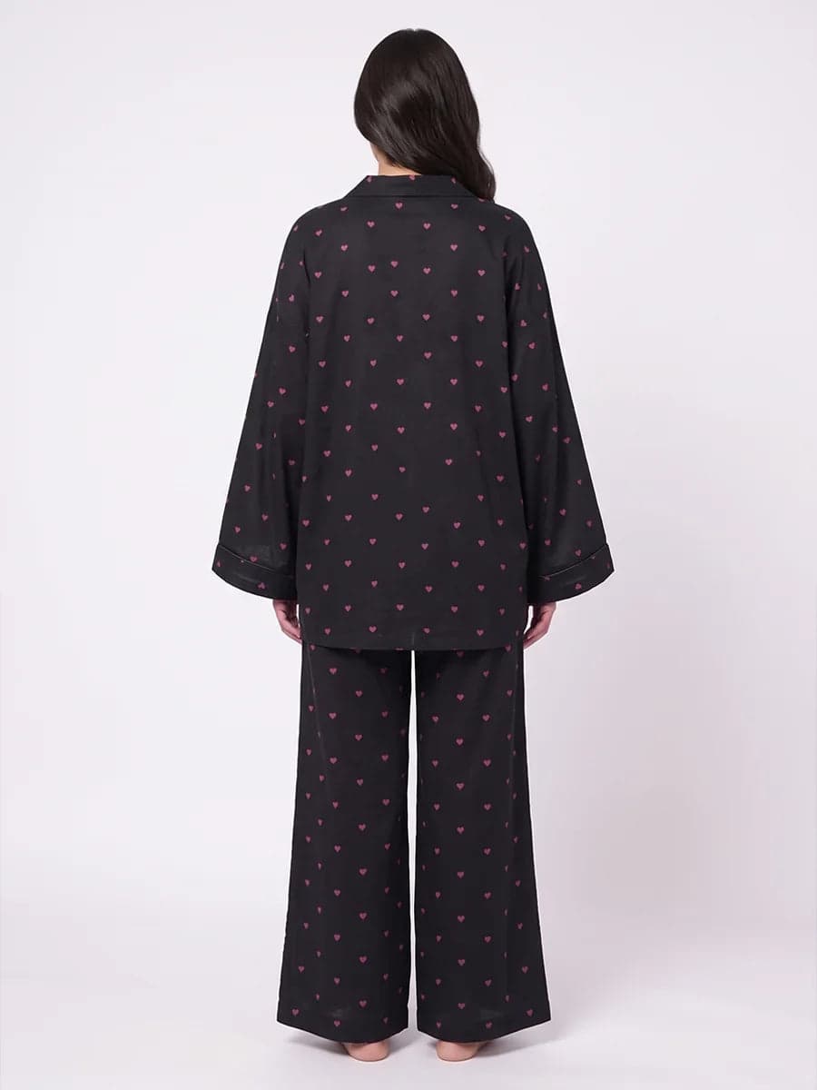 Black and Pink Heart Print Oversized Linen PJ Set for Women - view 3