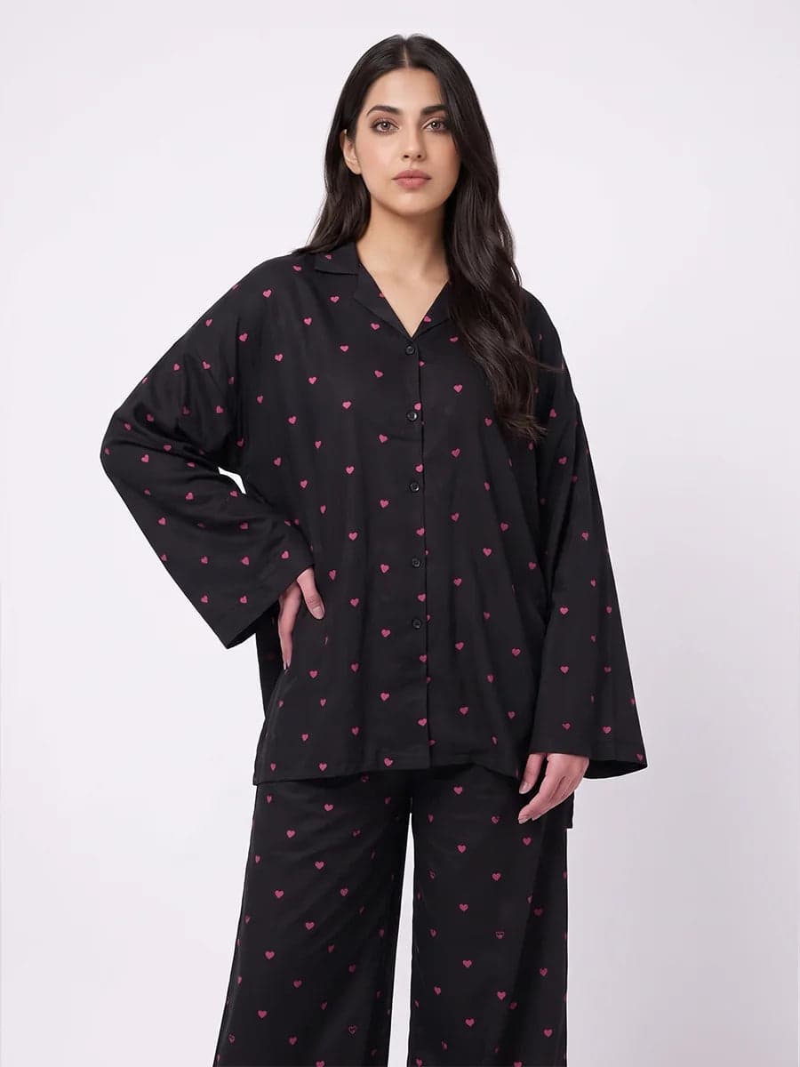 Black and Pink Heart Print Oversized Linen PJ Set for Women - view 4
