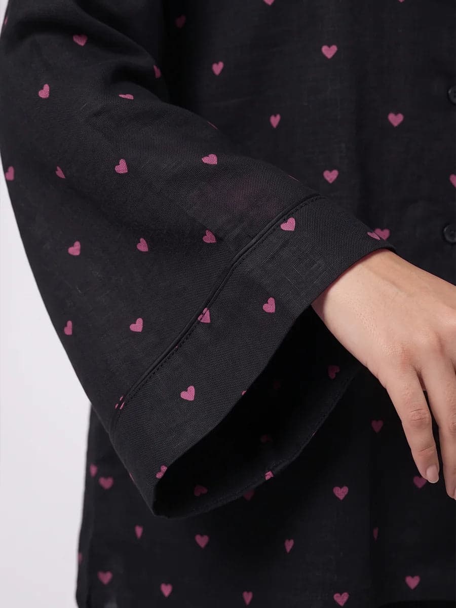 Black and Pink Heart Print Oversized Linen PJ Set for Women - view 5