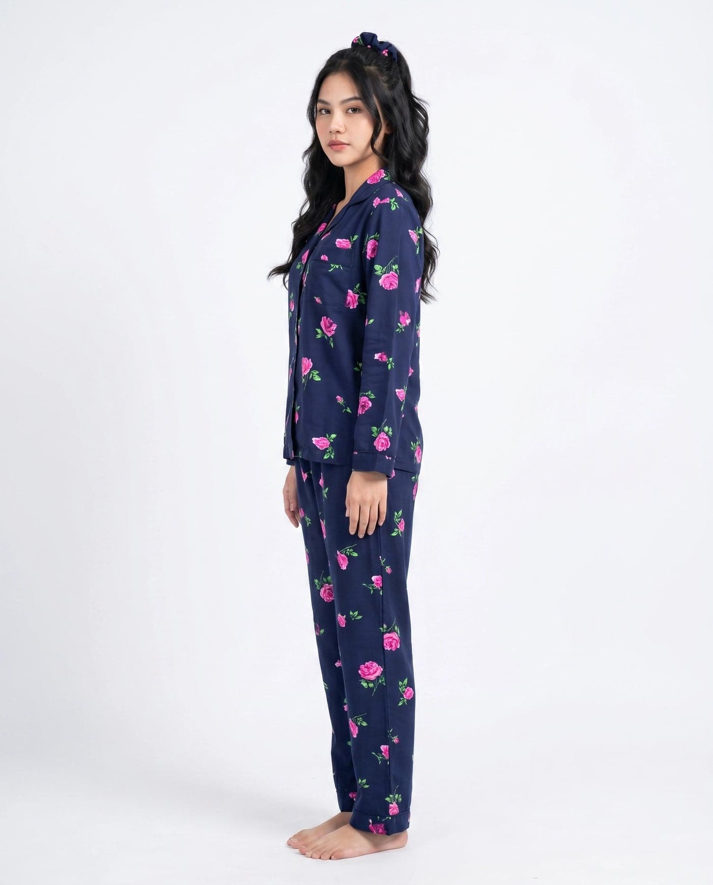 Navy Blue and Pink Floral Full Sleeve Linen PJ Set with Scrunchie for Women - view 2