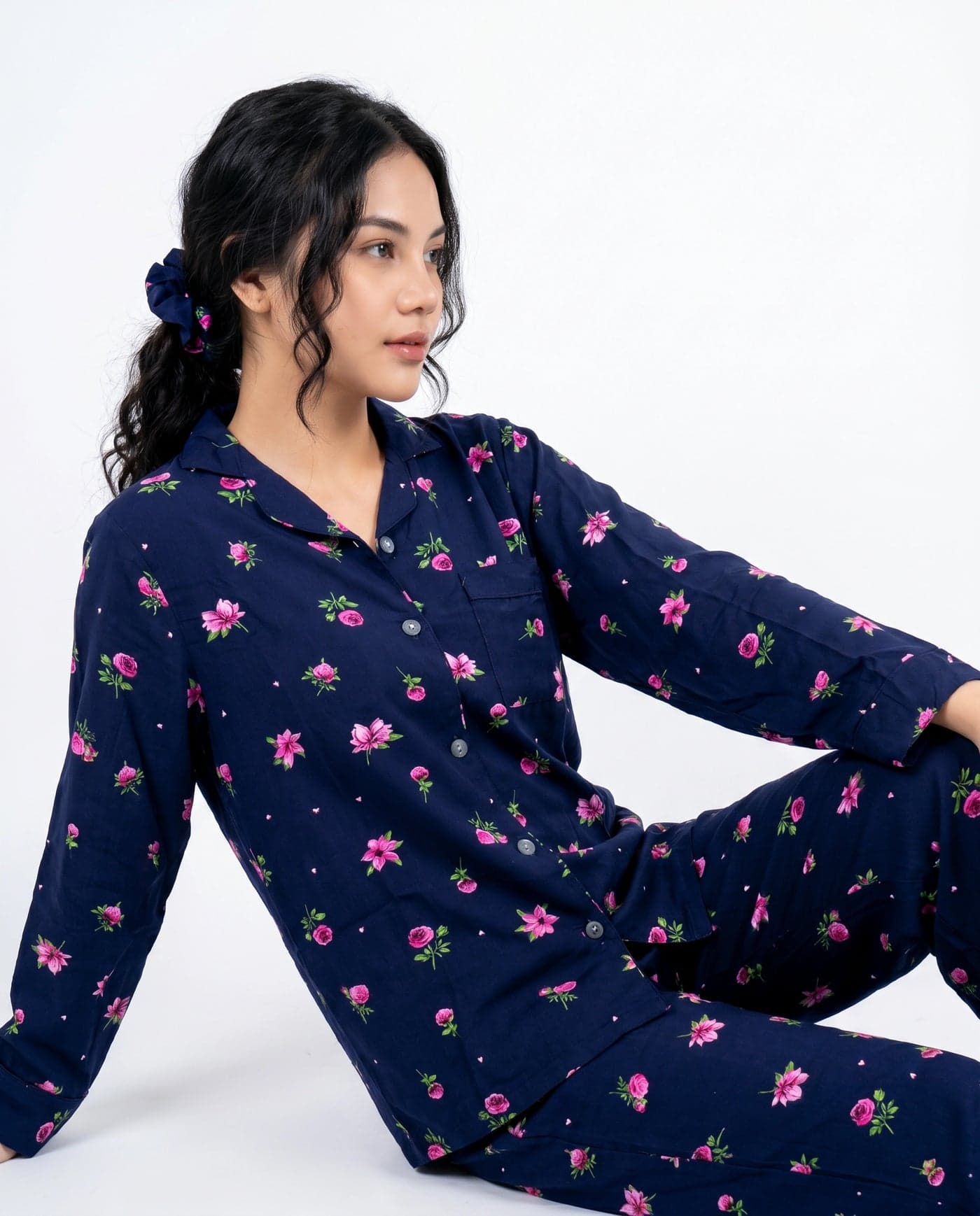 Navy Blue and Pink Floral Full Sleeve Linen PJ Set with Scrunchie for Women - view 3