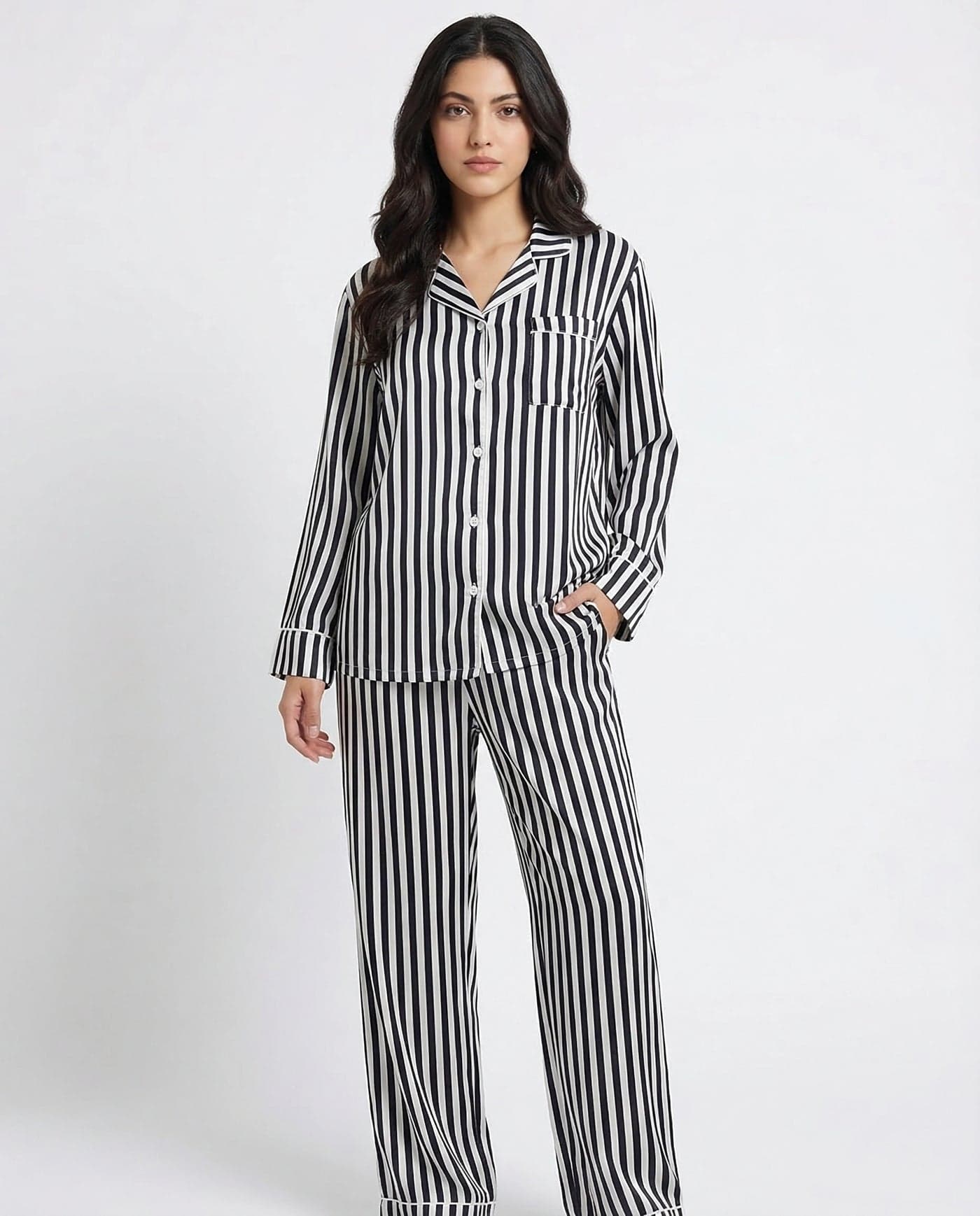 Black Striped Linen PJ Set for Women - view 2