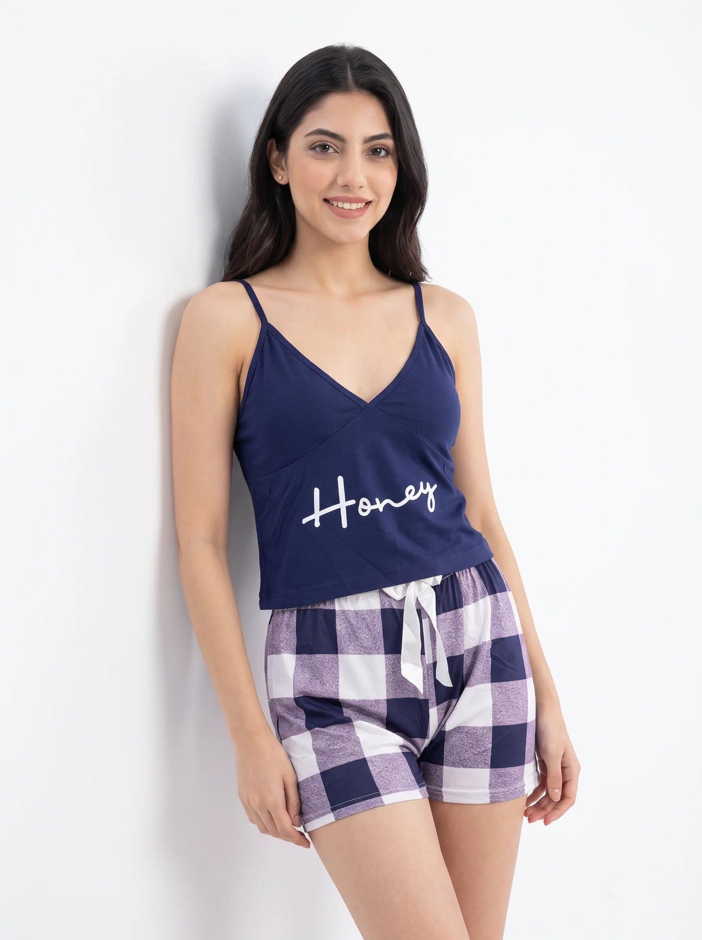 Navy Blue and White Check Cotton Cami Set for Women - view 2