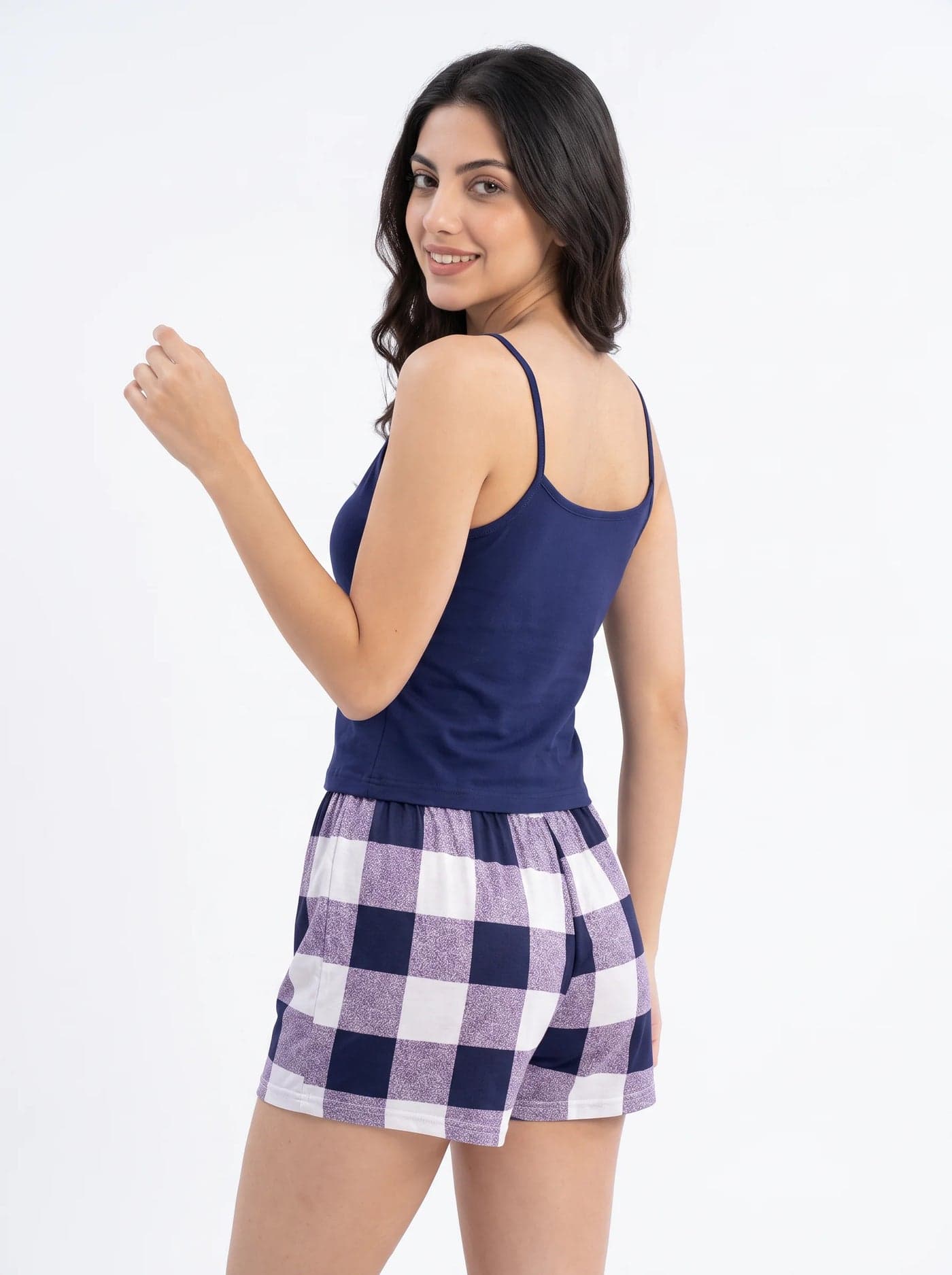 Navy Blue and White Check Cotton Cami Set for Women - view 3