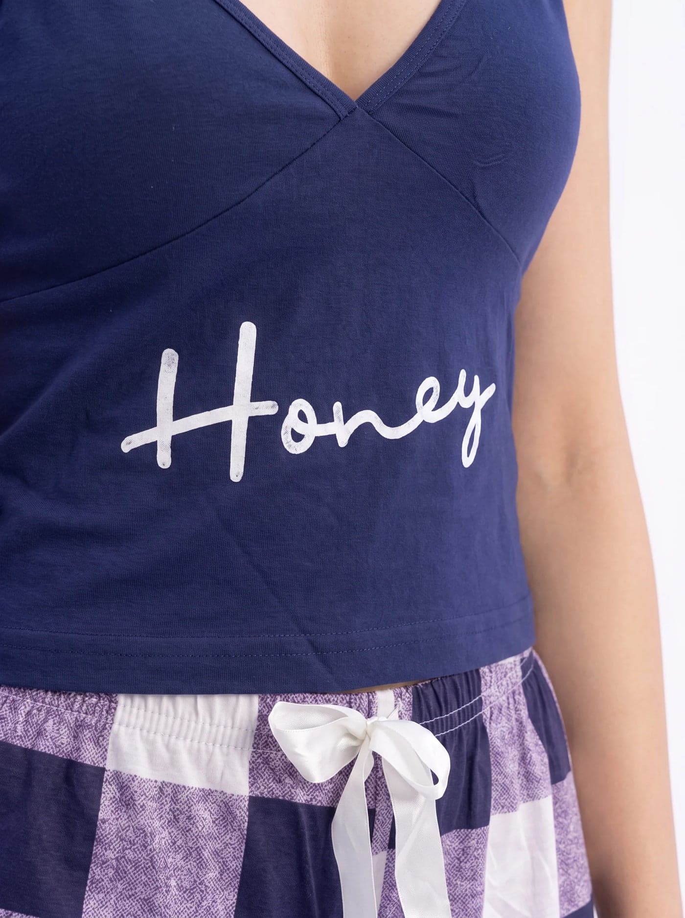 Navy Blue and White Check Cotton Cami Set for Women - view 4