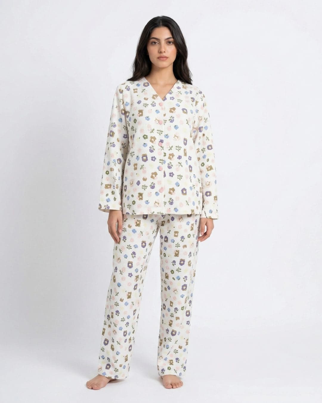 White Floral Full Sleeve Crinkled Cotton PJ Set for Women