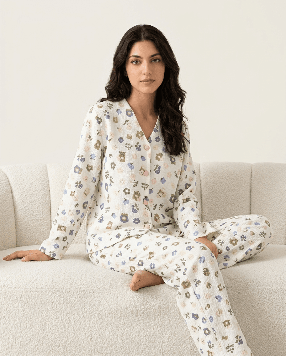 White Floral Full Sleeve Crinkled Cotton PJ Set for Women - view 10