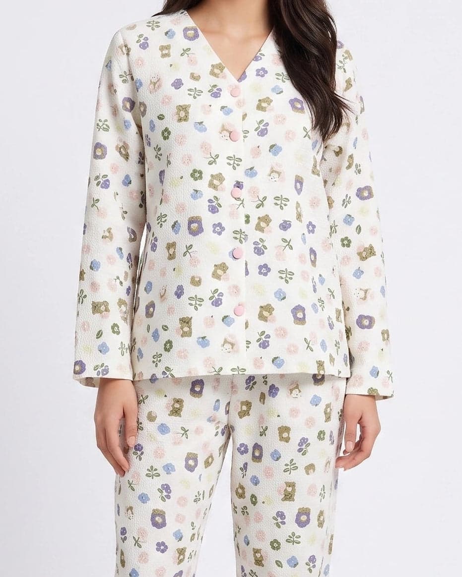 White Floral Full Sleeve Crinkled Cotton PJ Set for Women - view 2