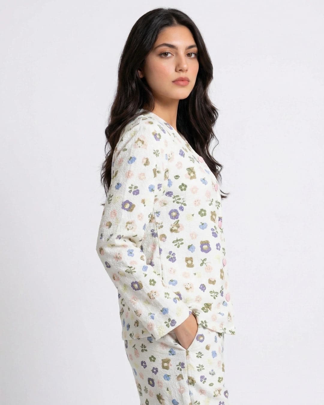 White Floral Full Sleeve Crinkled Cotton PJ Set for Women - view 3