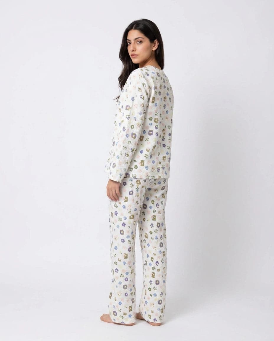 White Floral Full Sleeve Crinkled Cotton PJ Set for Women - view 4