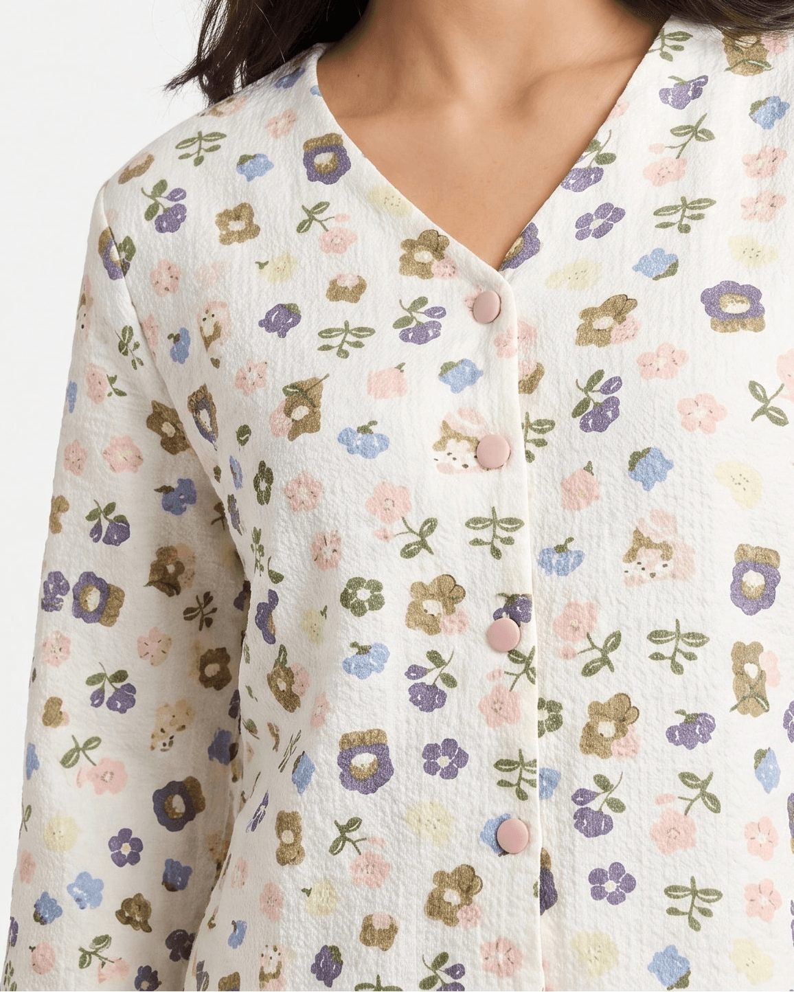White Floral Full Sleeve Crinkled Cotton PJ Set for Women - view 5