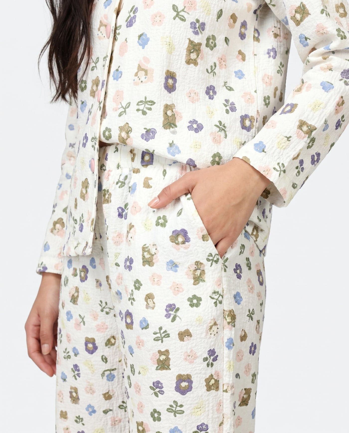 White Floral Full Sleeve Crinkled Cotton PJ Set for Women - view 6