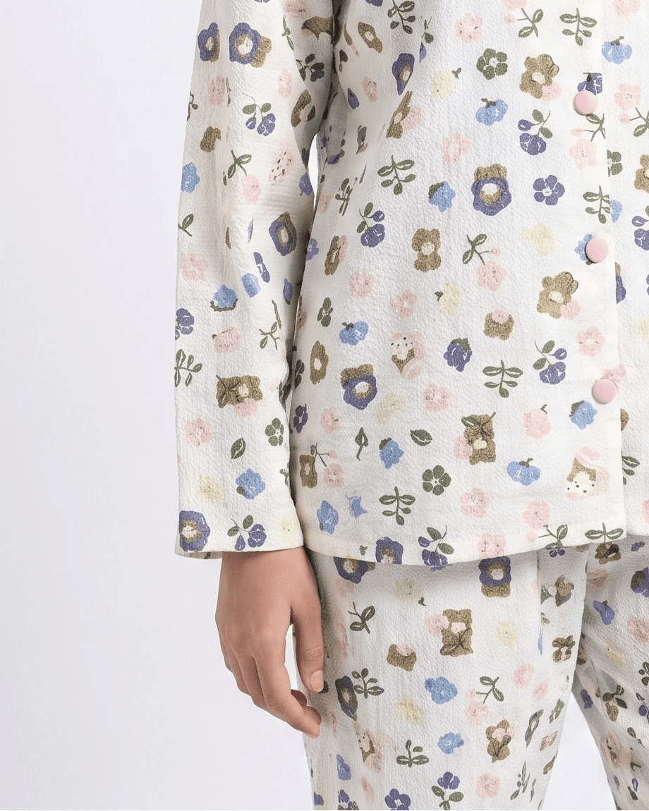 White Floral Full Sleeve Crinkled Cotton PJ Set for Women - view 7