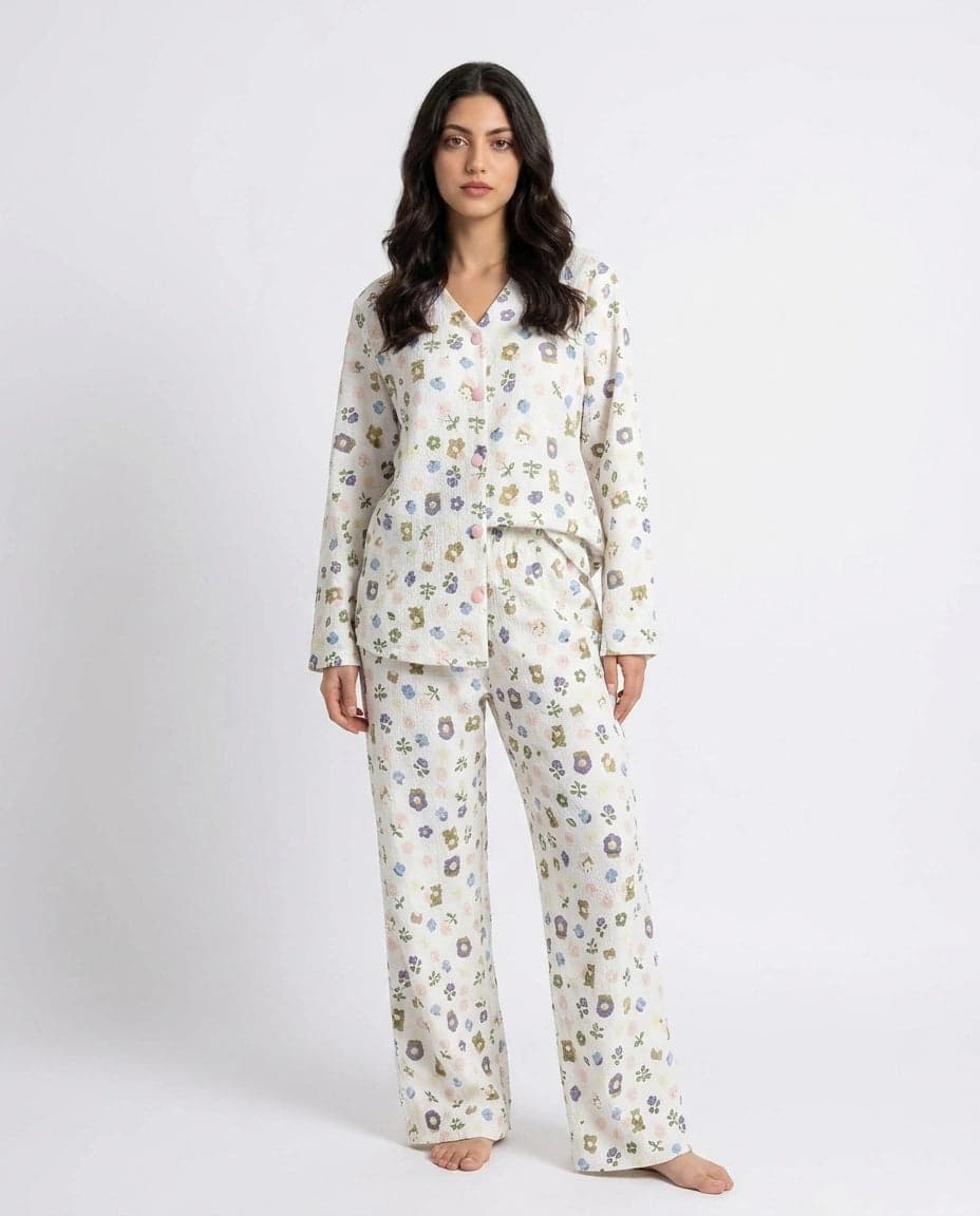 White Floral Full Sleeve Crinkled Cotton PJ Set for Women - view 8