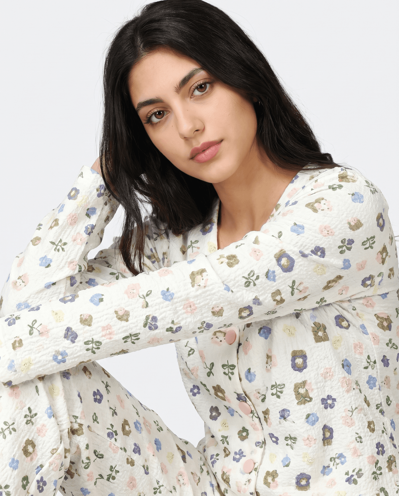 White Floral Full Sleeve Crinkled Cotton PJ Set for Women - view 9